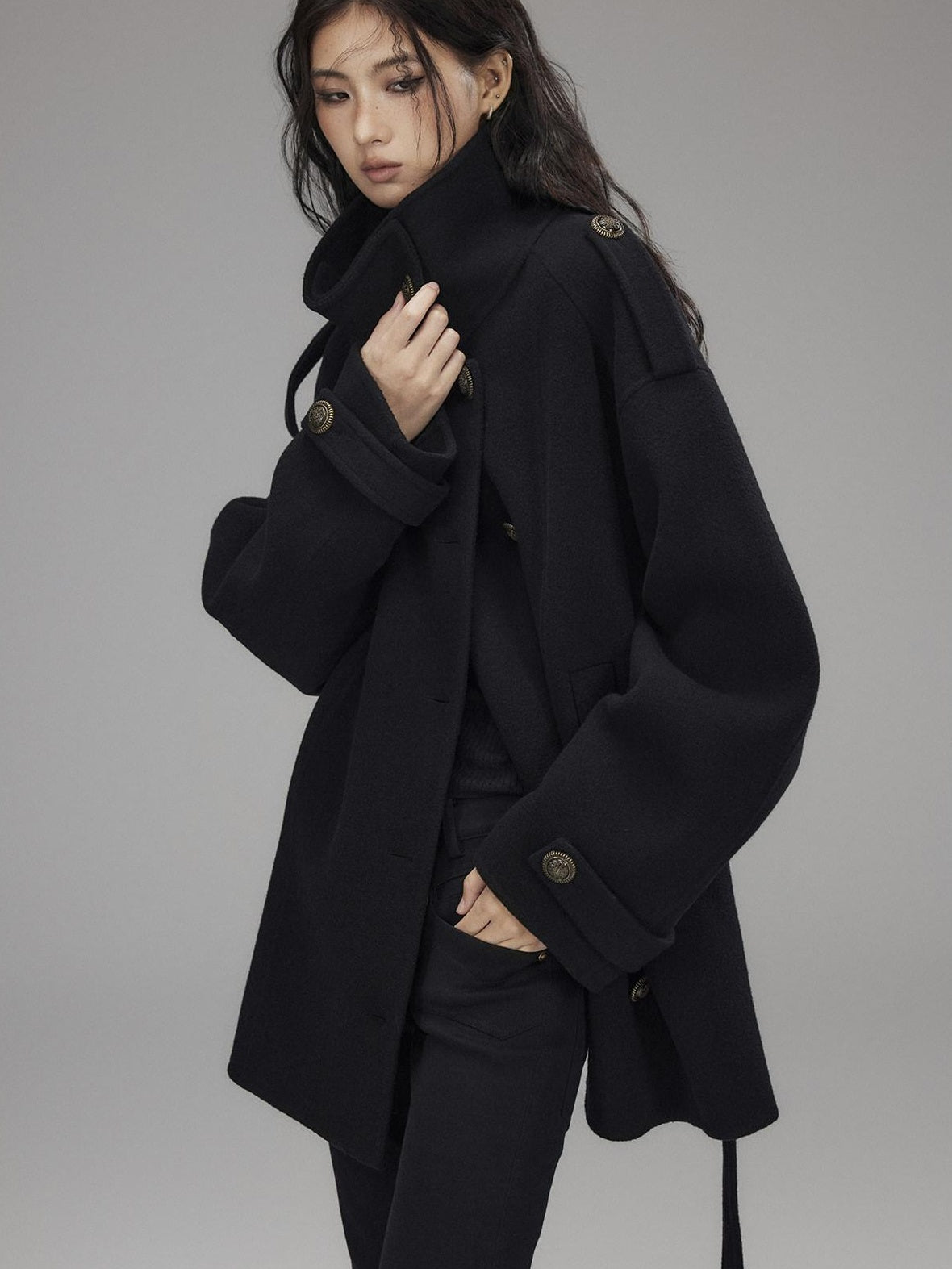 Low pixel Warm Oversized Street Midlength Notch Lapel Wool Cashmere Black Wool Coats