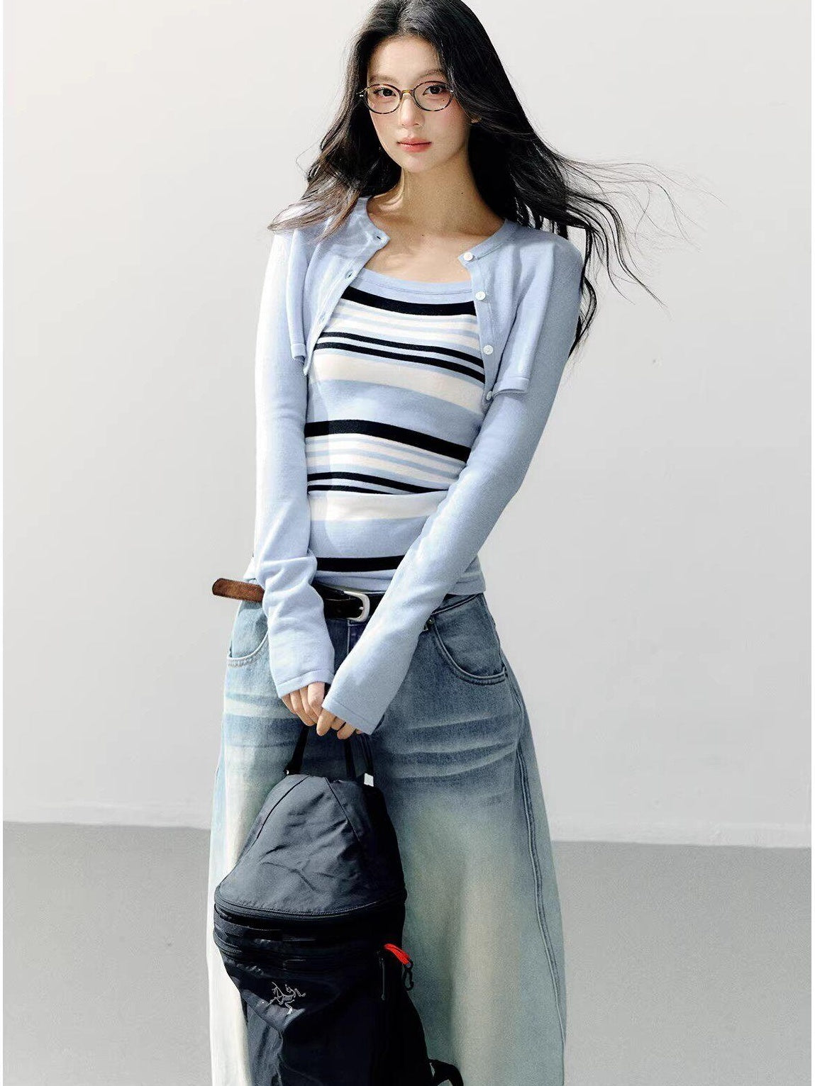 7Shiftin Breathable Striped Two Piece Cardigan Pullover Women Casual Long Sleeve T-Shirts