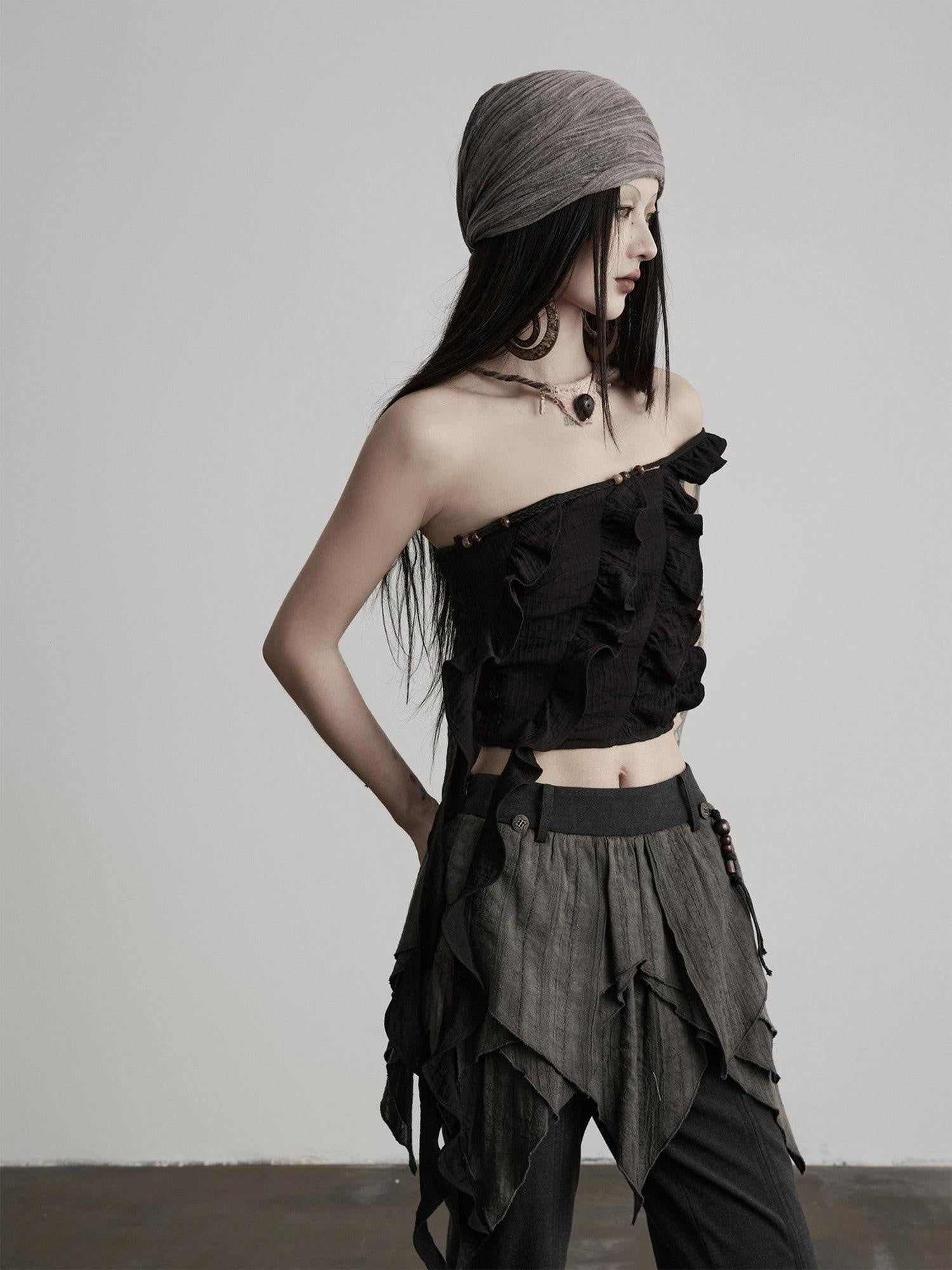 INDULGE Spliced Patchwork Original Slim Fit Solid Black Women Bandeau Tops