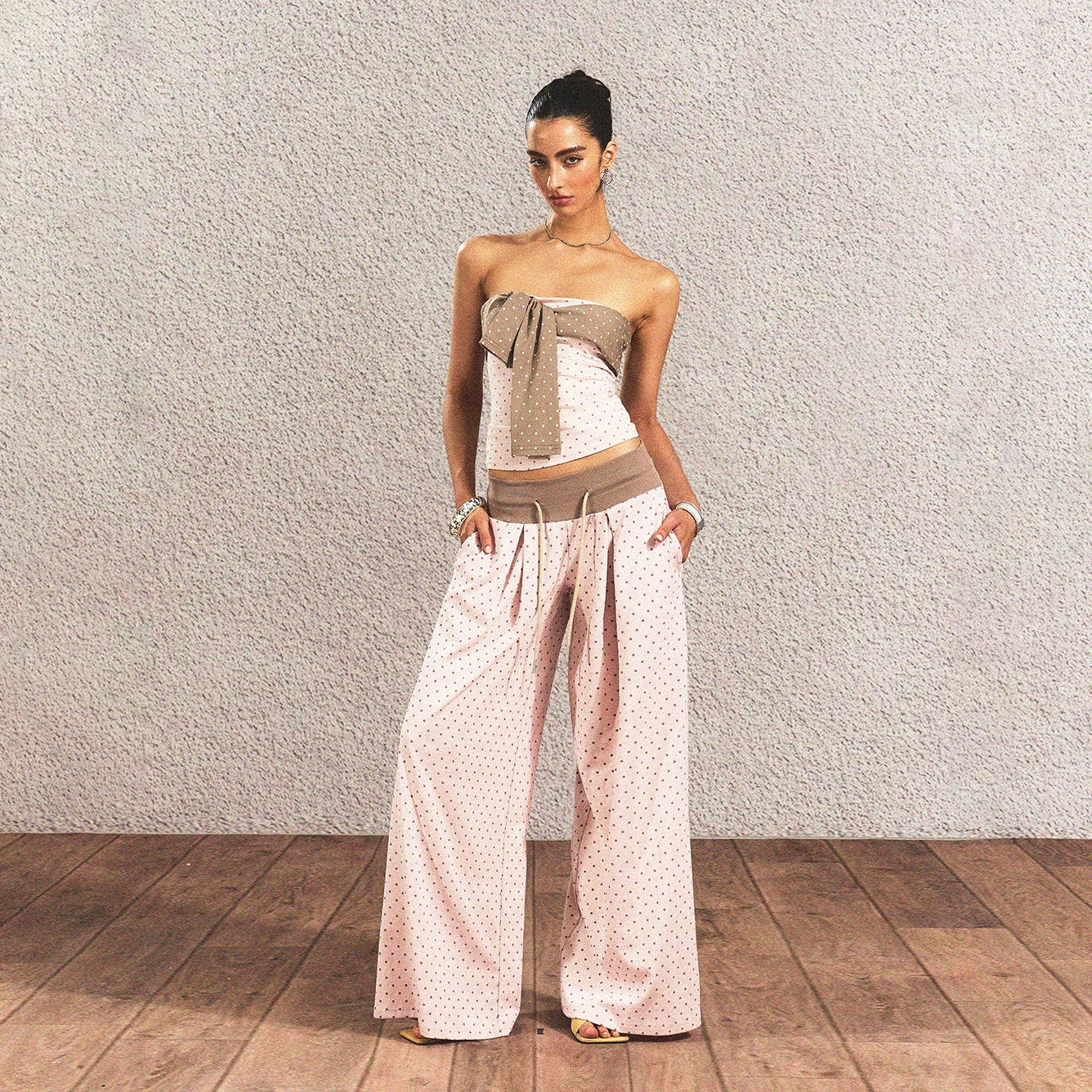The_NeverMore_Polka_Dot_Cotton_Two_Piece_Colorblock_Sexy_High_Waist_Pants_Tube_Tops_MISSTT