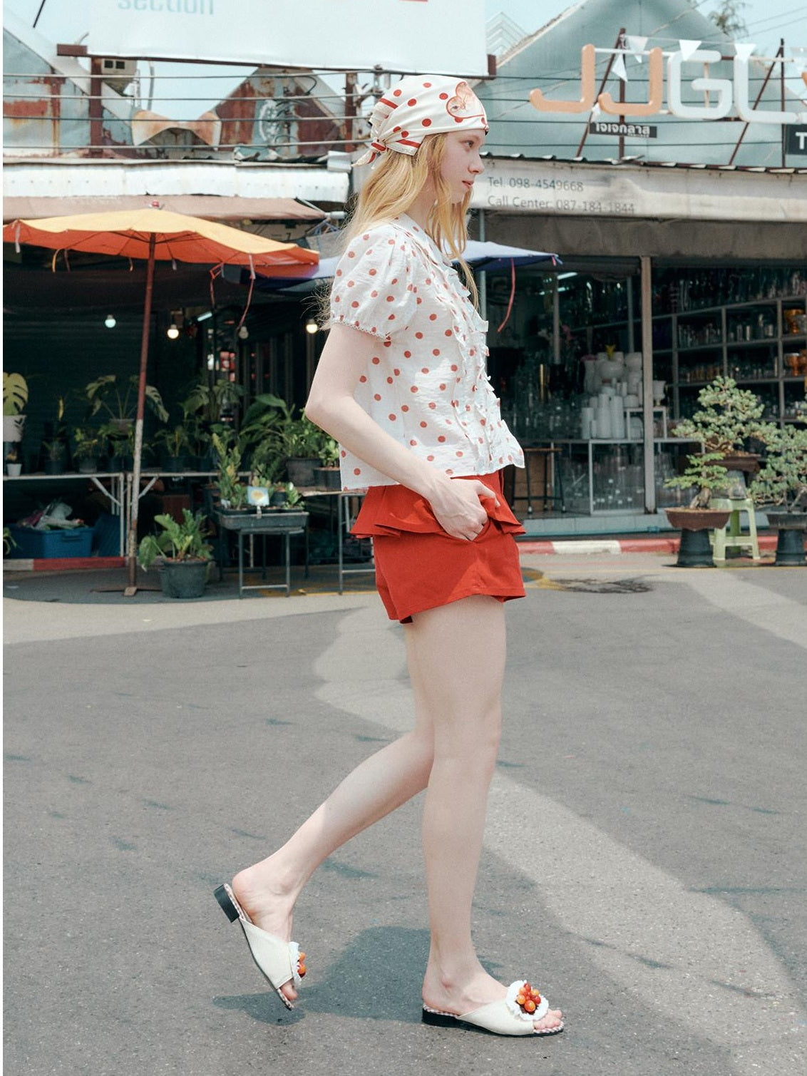 OuttheBlue Waist Cinch Ruffle Casual Puff Sleeve Doll Collar Polka Dot Women Shirts