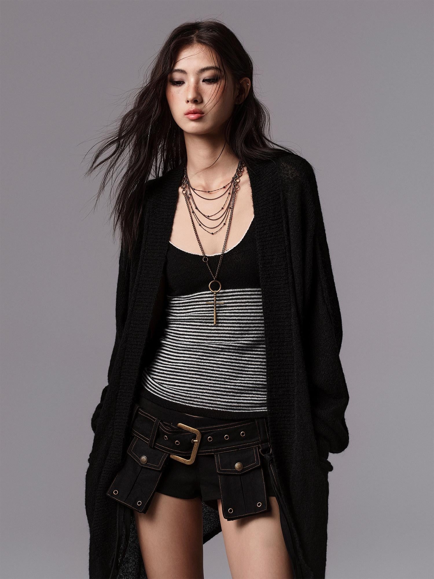 Low pixel Cozy Wool Blend Gothic Oversized Open Front Knit Women Black Cardigans