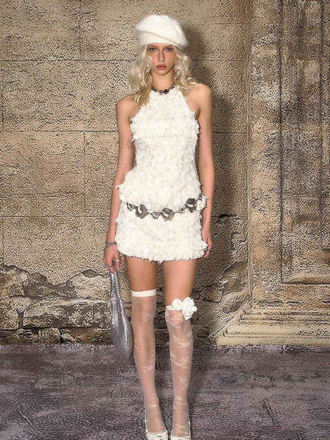 The NeverMore Fringe Polyester Round Neck Pullover Crop Top Cream Party Women Top & Skirt Sets