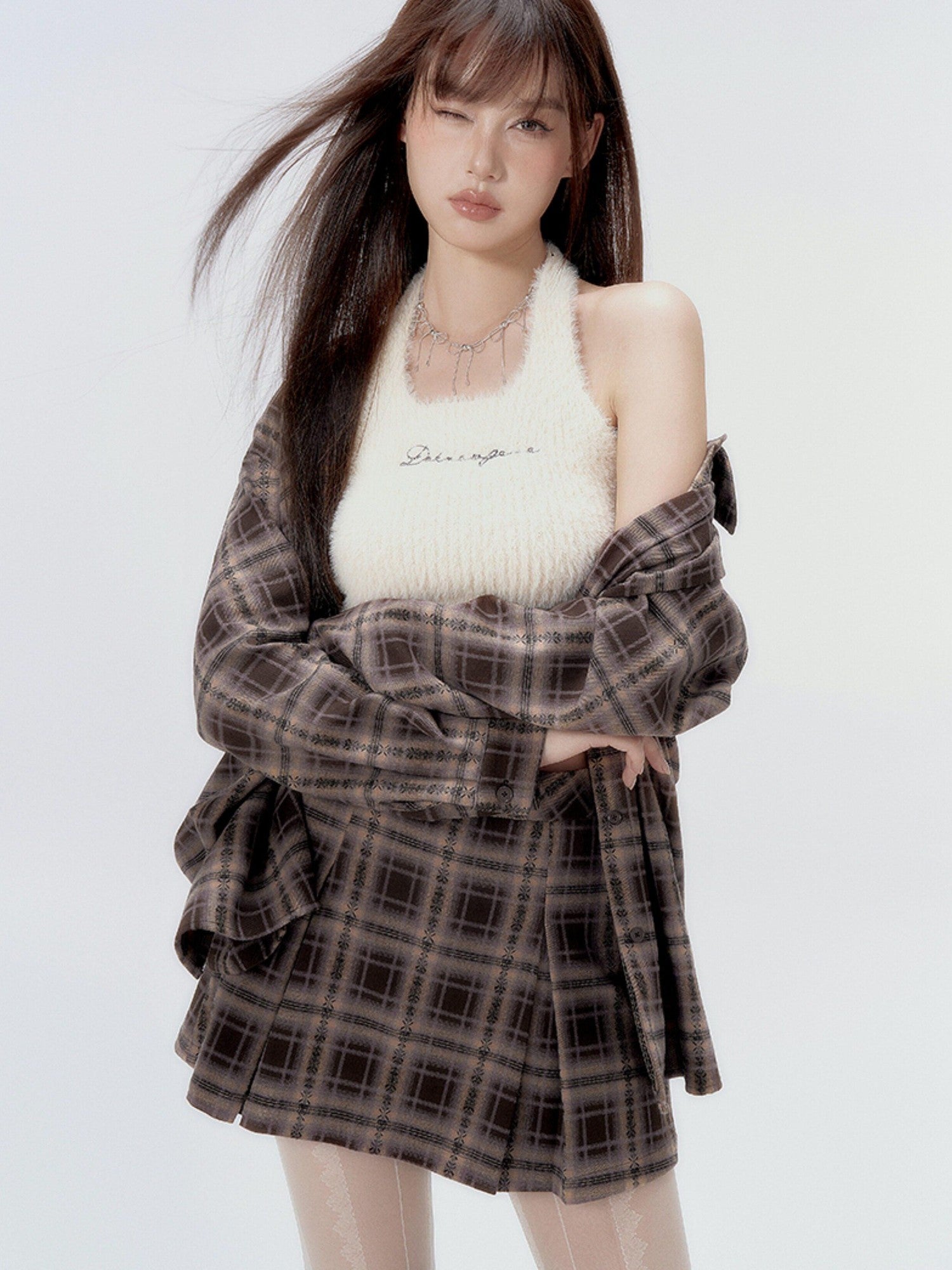 DKZ OFFICIAL Plaid Shirred Drop Shoulder Women&