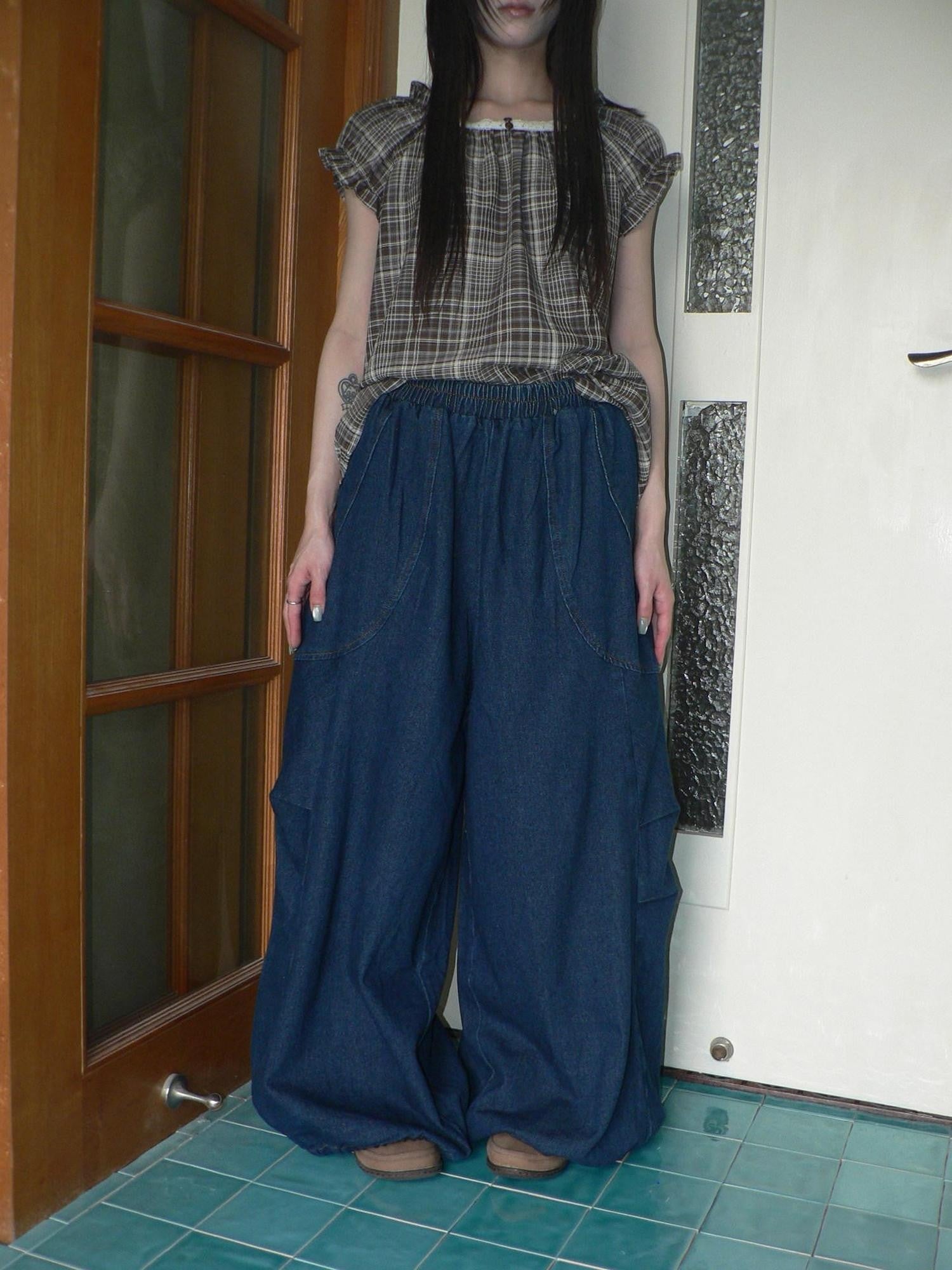 ang project Deep Blue Vintage Pleated Elastic Waist Loose Fit Women&