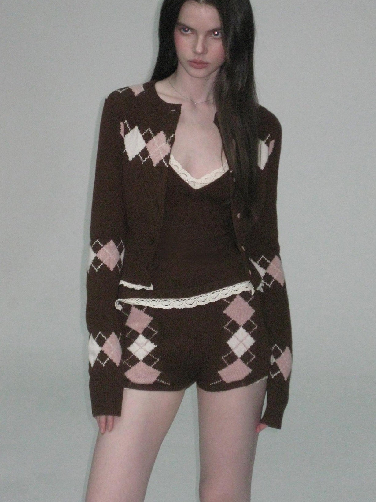 The NeverMore Cashmere Blend Sexy Argyle Button Cardigan Shorts Women Top & Shorts Sets
