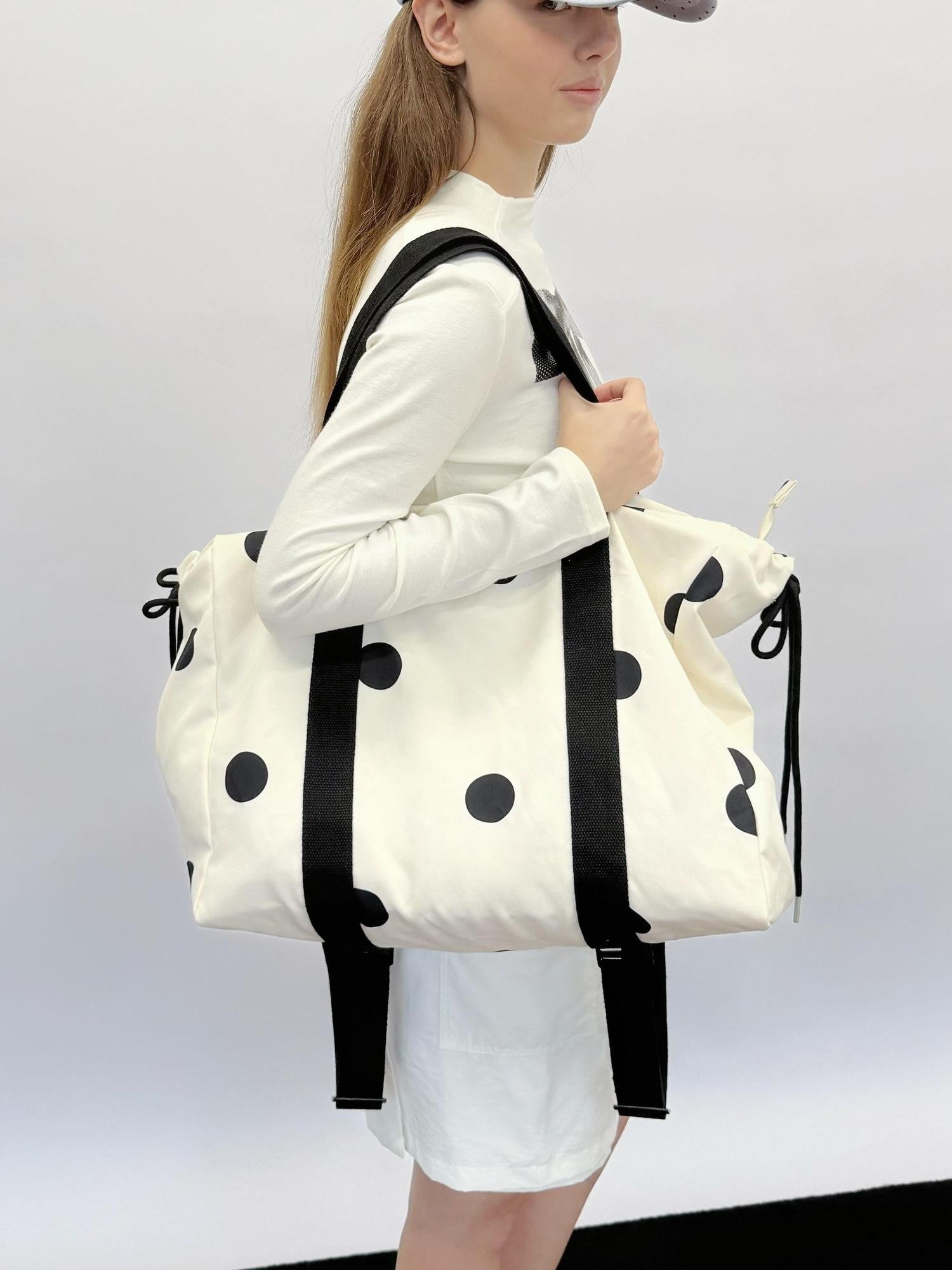 takeabreak Black White Polka Dot 26L Multi Carry Dual Zipper Tote Women&
