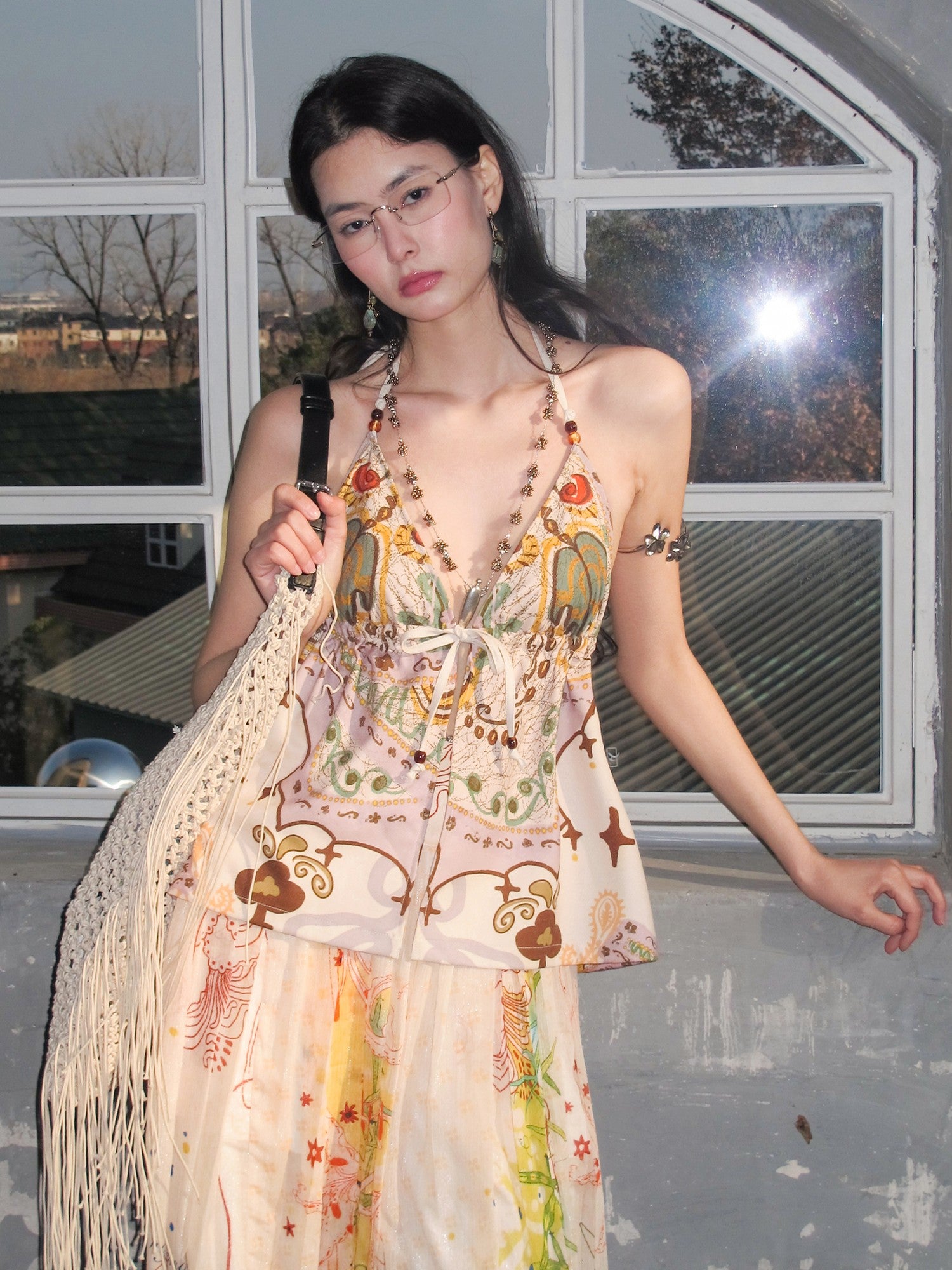 OfAkiva Bohemian Halter Tie Back Deep V Printed Slim Cropped Women&