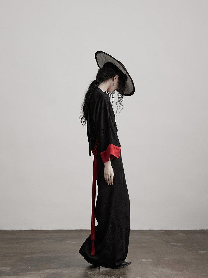 INDULGE Gothic V-neck Viscose Flared Loose Casual Womens Black Trench Coats