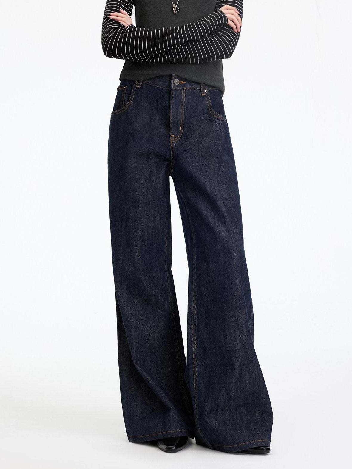 RUN TO THE FUTURE Casual Natural Waist Wide Leg Cotton Zipper Women Indigo Straight Jeans