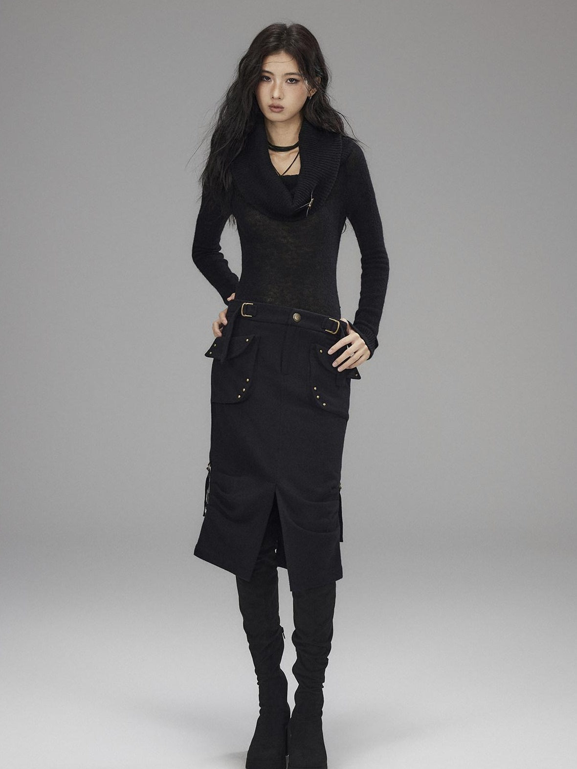 Low pixel Wool Blend Low Rise Cargo Pockets Front Slit Hline Casual Black Midi Skirts