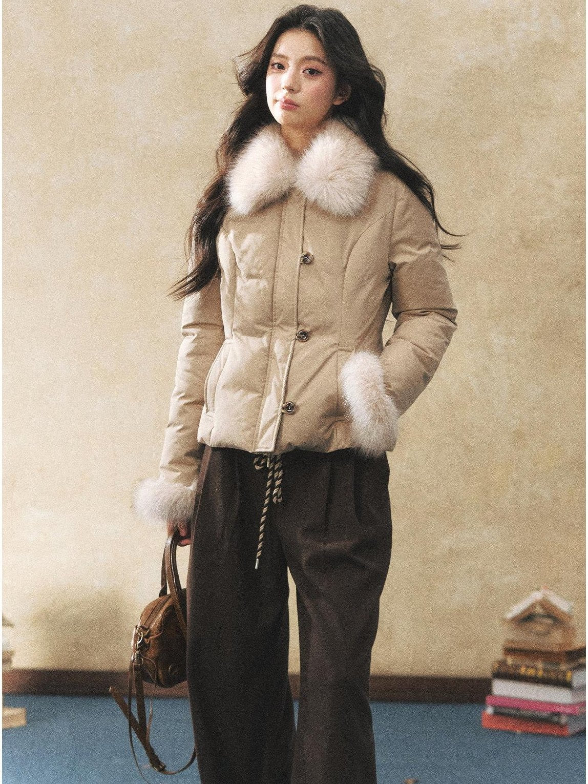 7Shiftin Warm Down Filled Plush Fur Collar Slim Fit Button Cropped Women Knit Sweaters