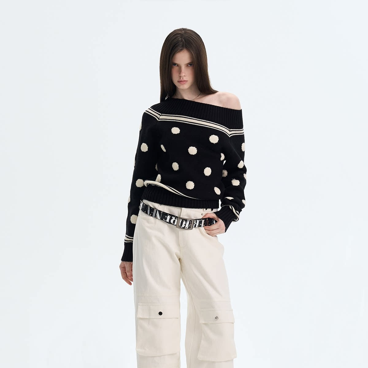 The NeverMore Cozy Thermal Acrylic Wool Polka Dot Boat Neck Relaxed Women Knit Sweaters