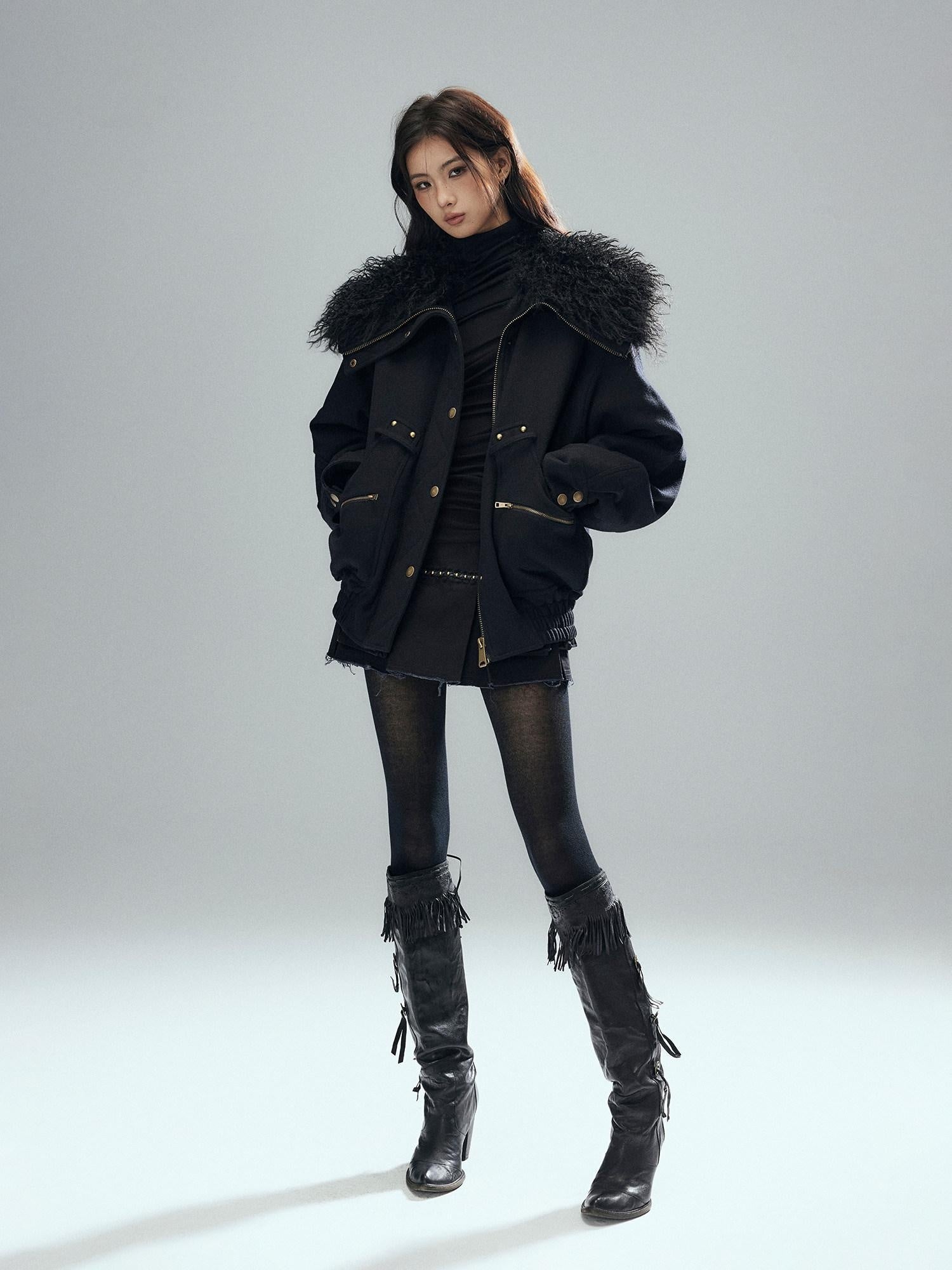 Low pixel Thick Wool Blend Multi Pocket Loose Fit Sexy Girl Black Zipper Cropped Jackets
