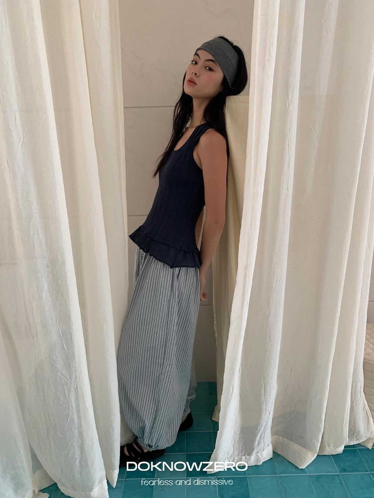 DKZ OFFICIAL Blue White Striped Relaxed Tapered Women&
