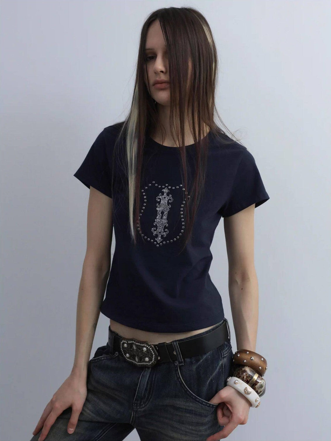 DoublePunch Cropped Hotfix Rhinestone Slim Fit Vintage Women&