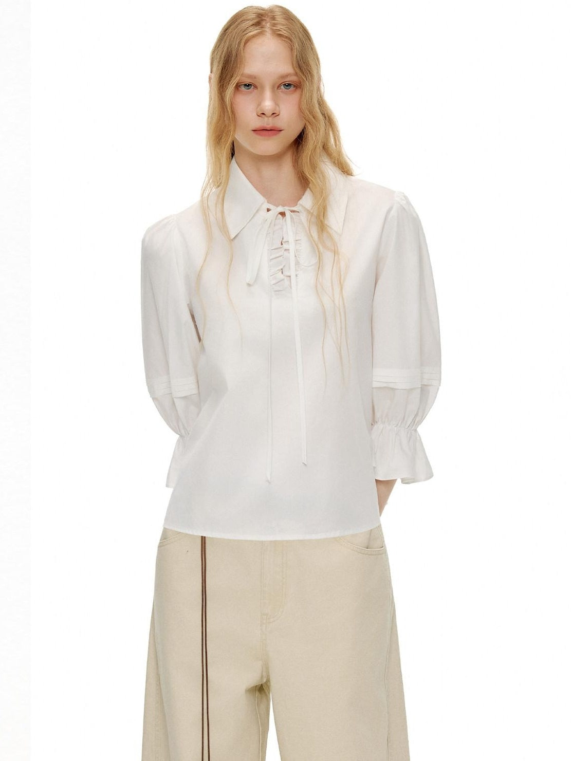 OuttheBlue Lightweight Cotton Lyocell High Waist Tie Casual Puff Sleeves Women Blouses