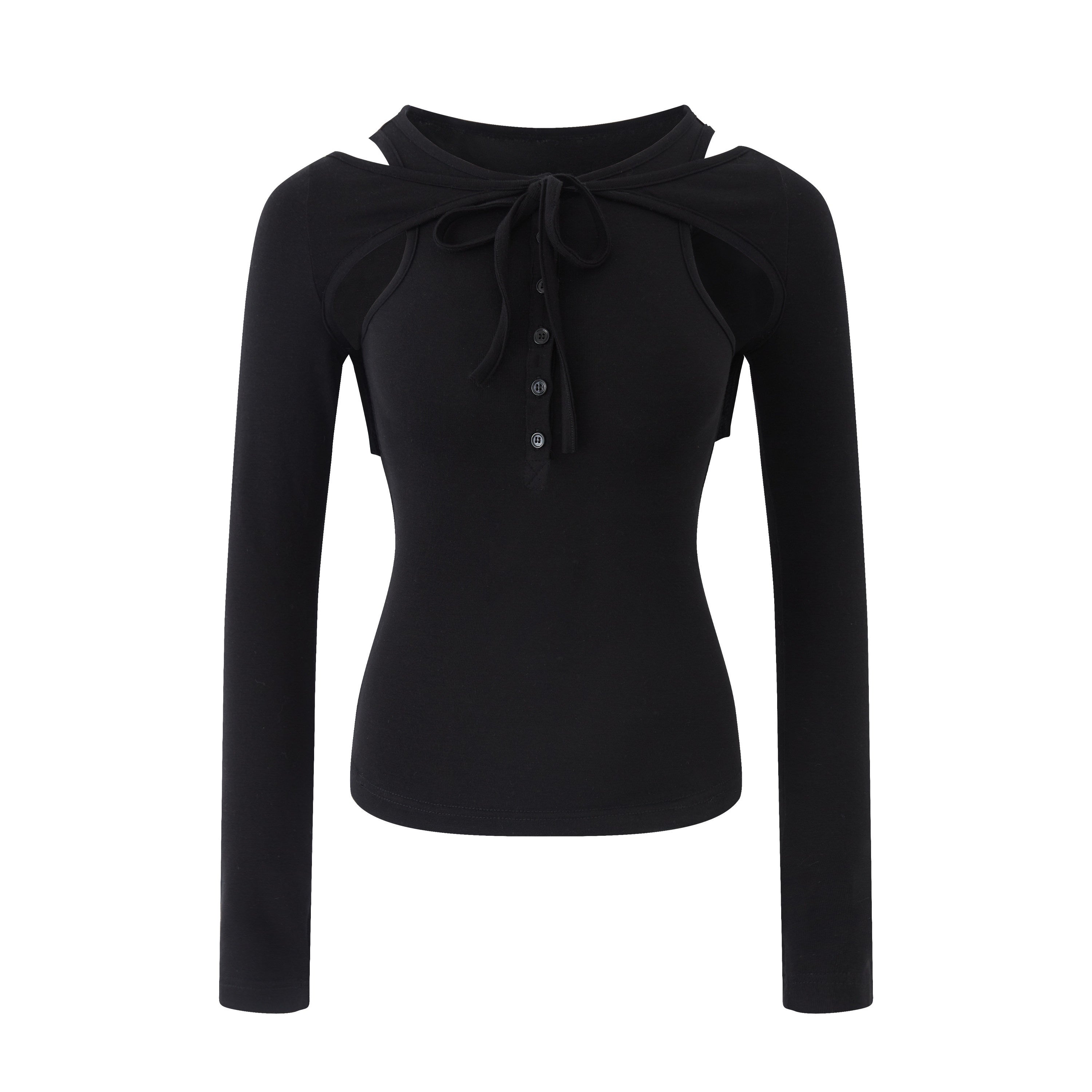 RUN TO THE FUTURE Lyocell Wool Slim Fit Cutout Vintage Commuter Ladies Black Long Sleeve T-Shirts