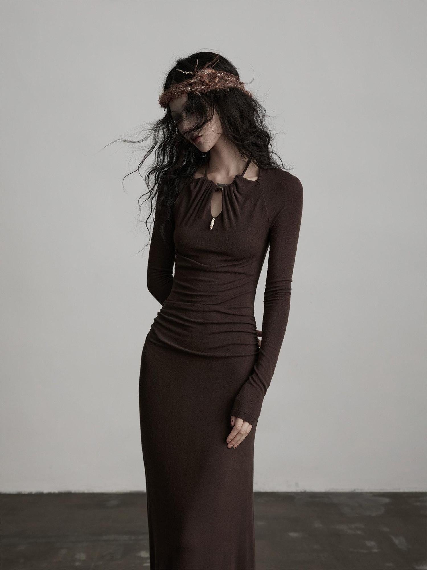 INDULGE Soft Modal Wool Cutout Slim Fit Long Sleeve Casual Brown Bodycon Maxi Dresses