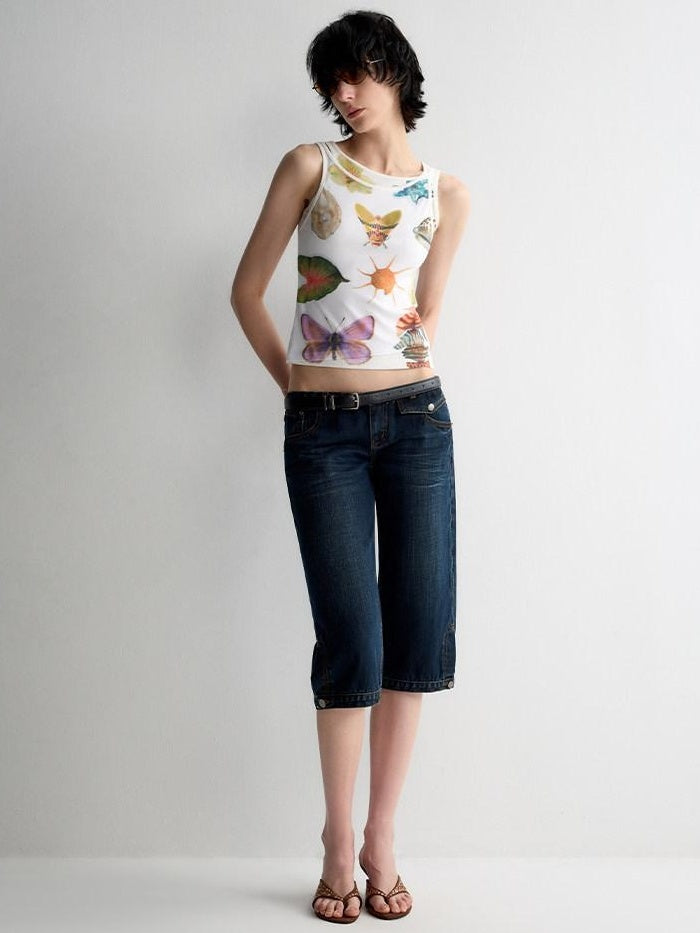 RUN TO THE FUTURE Original Print Asymmetrical Slim Fit Tencel Cropped Animal Women White Tank Tops