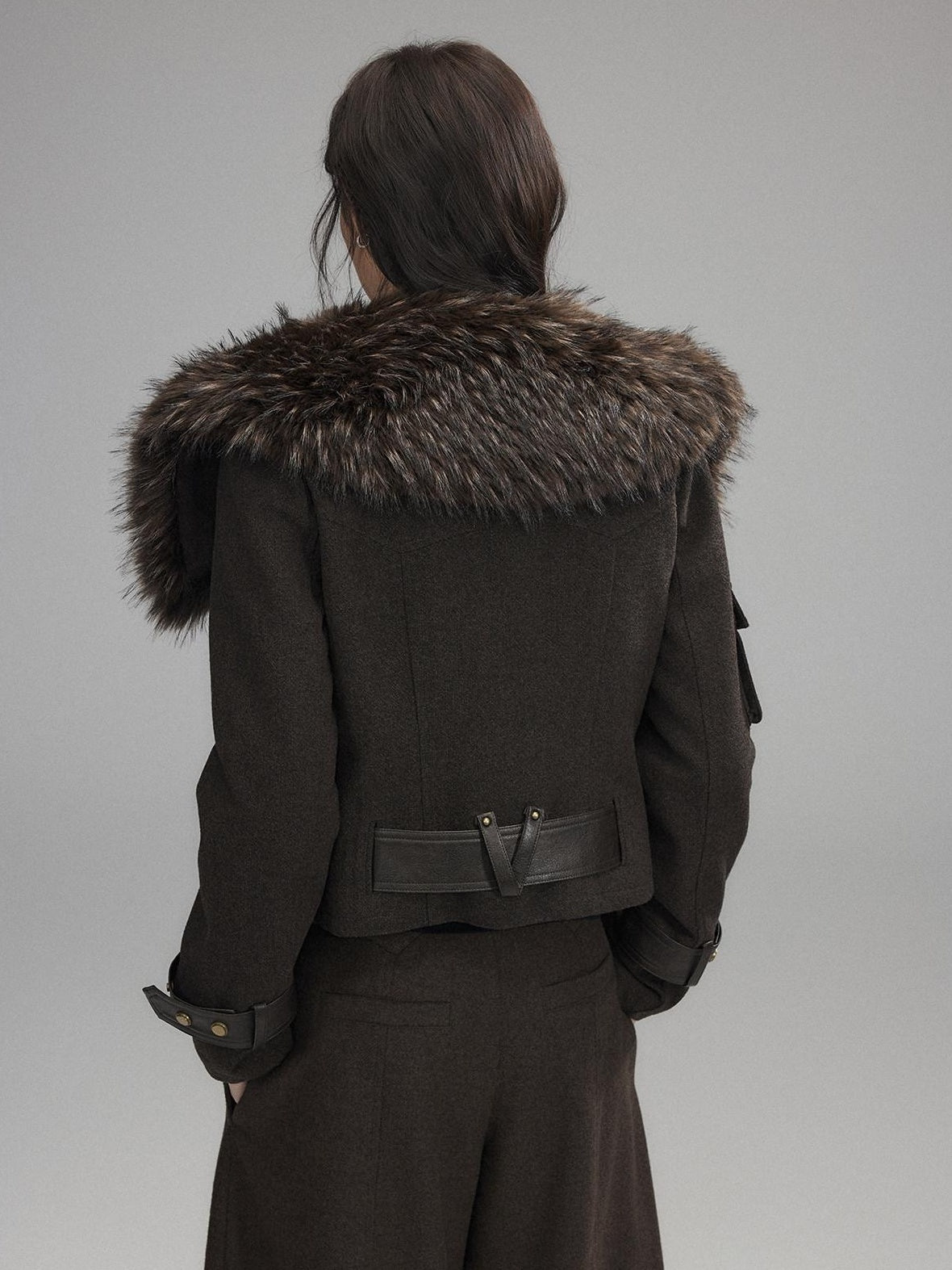 Low pixel Thick Wool Blend Slim Fit Sexy Lapel Zipper Brown Everyday Women Cropped Jackets