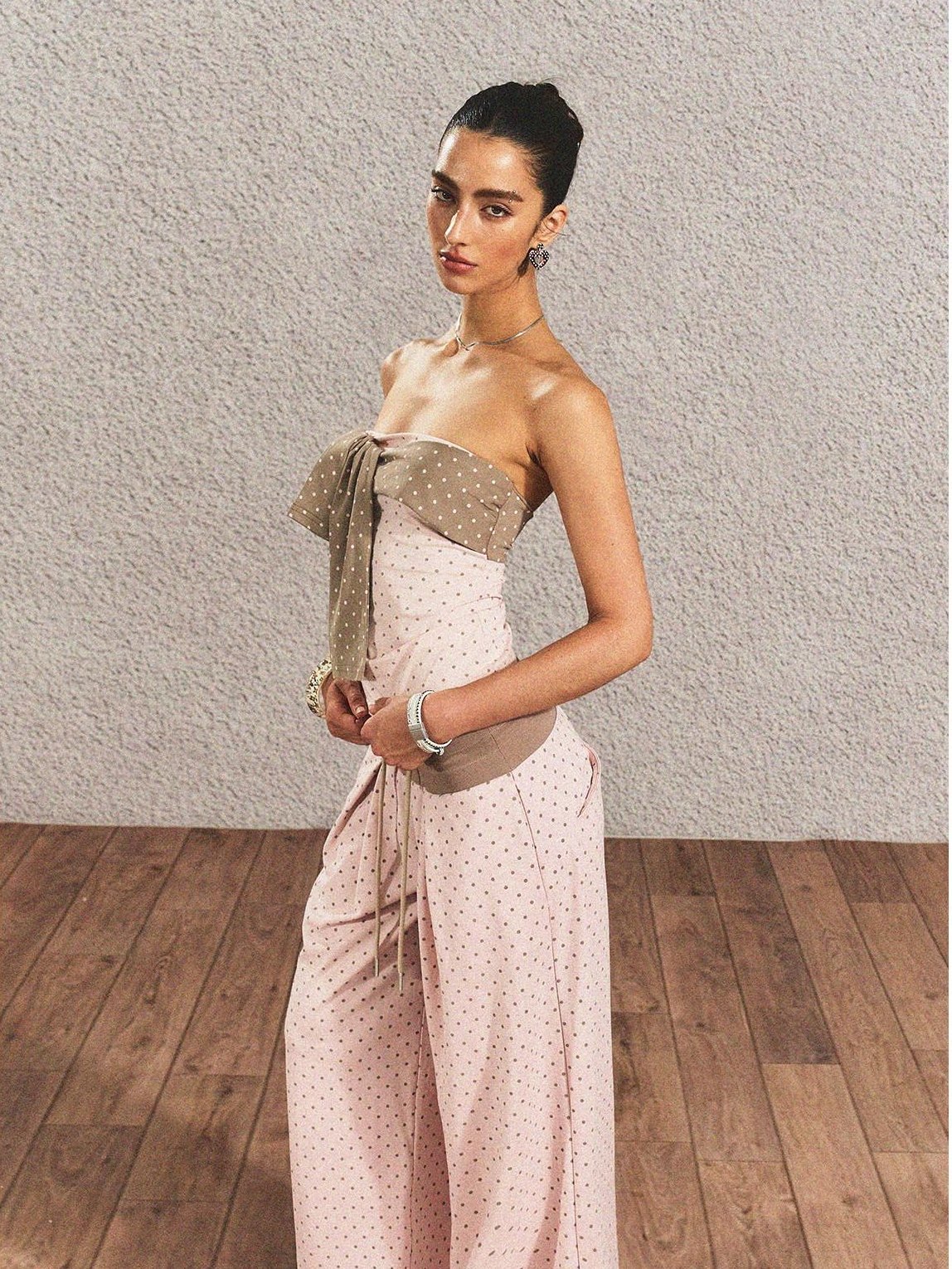 The NeverMore Polka Dot Cotton Two Piece Colorblock Sexy High Waist Pants Tube Tops