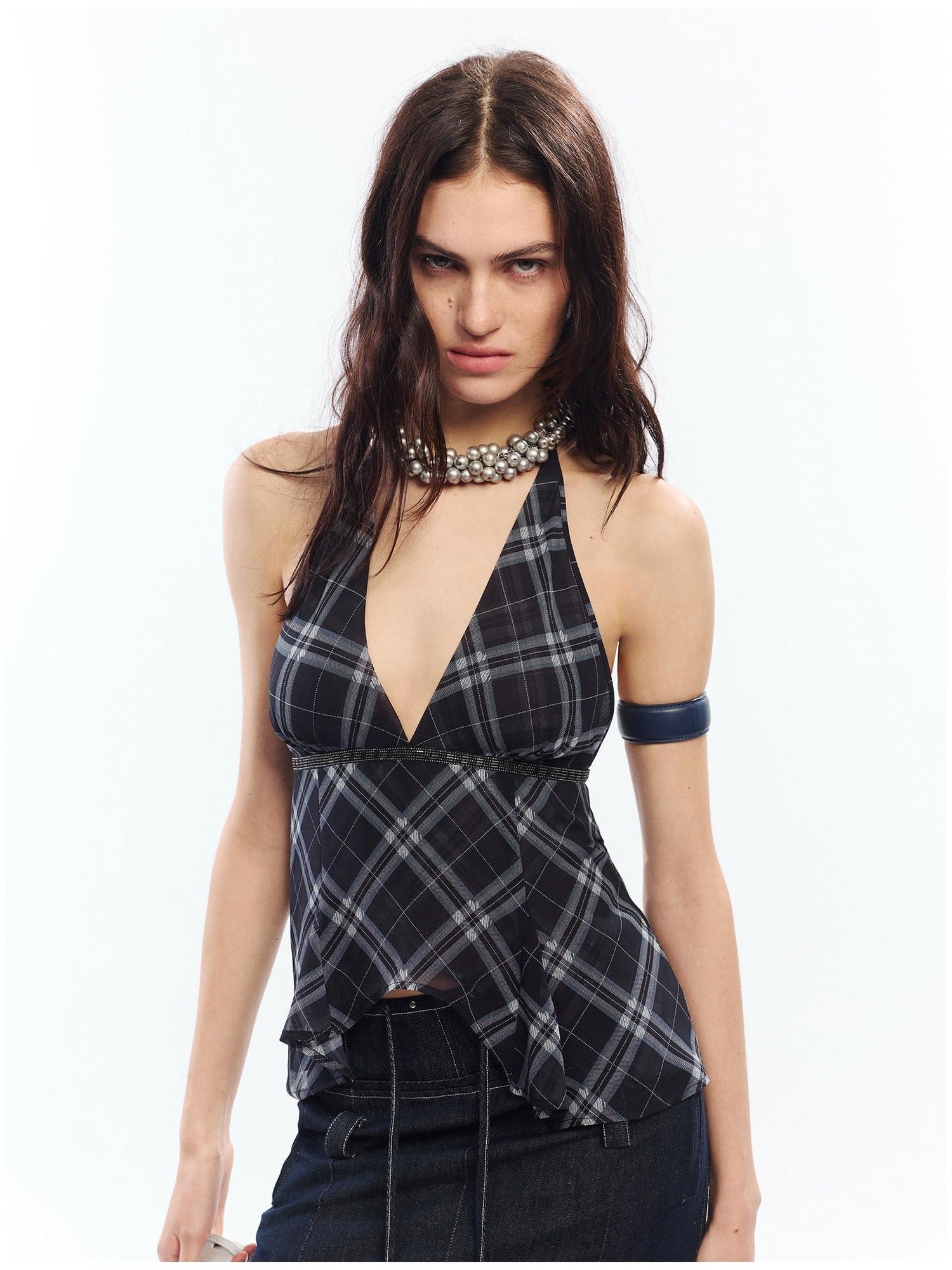 2th Desire Printed Plaid Halter V-neck Slim Fit Polyester Women Chic Tank Tops