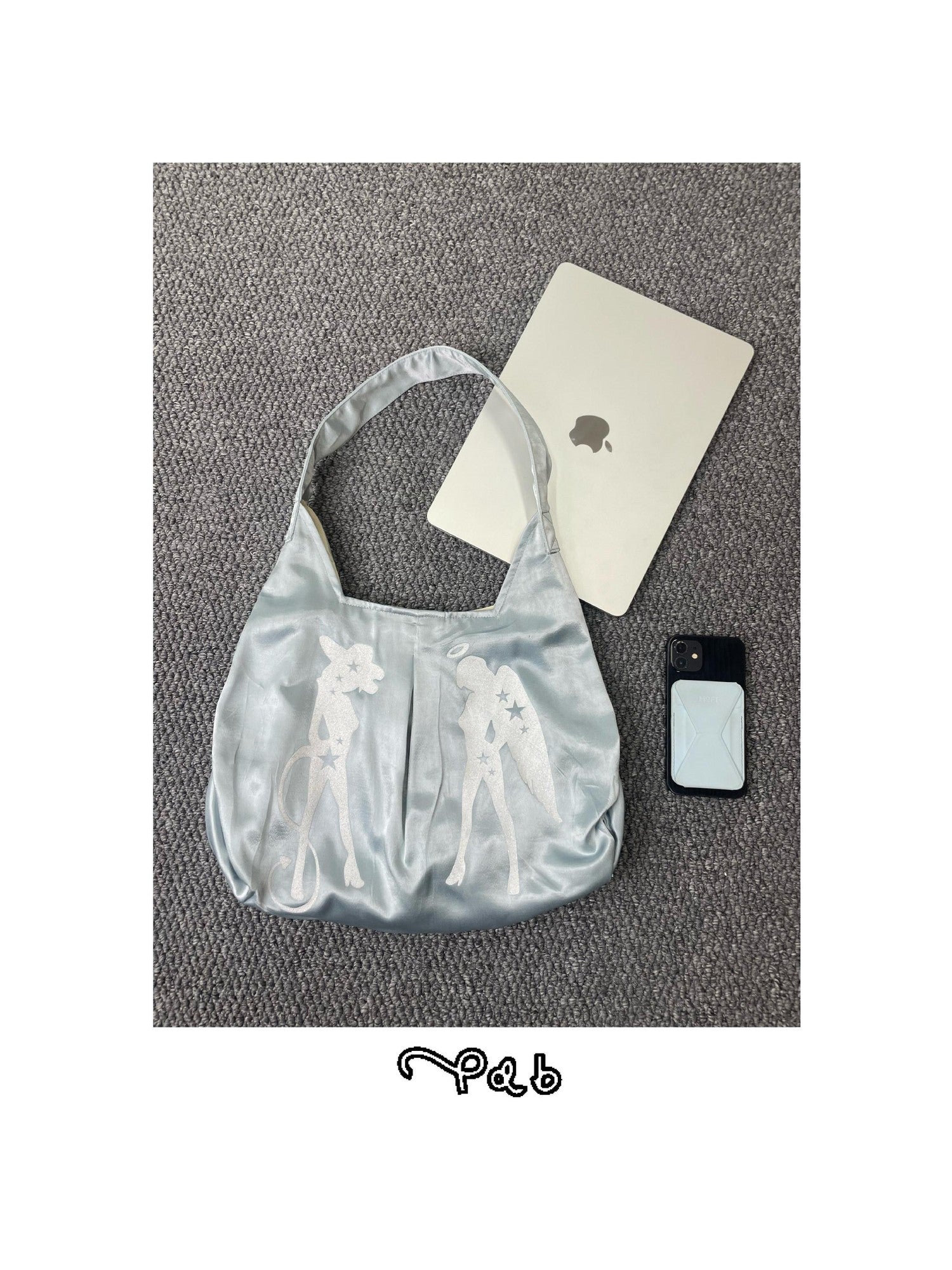 takeabreak Light Blue Silky Satin Tote Print Women&