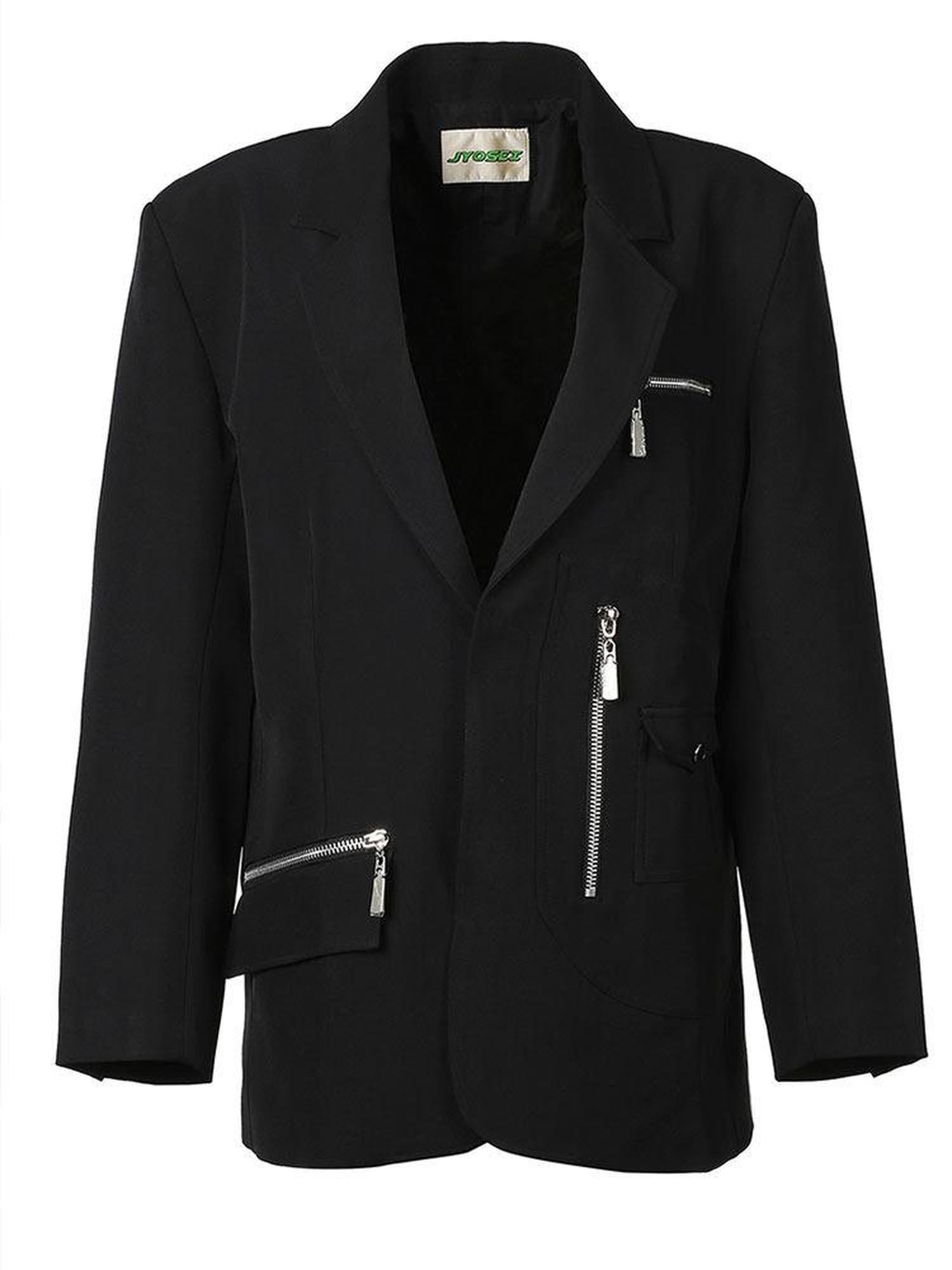 JYOSEI Black Padded Shoulder Loose Fit Single Button Pockets Women&