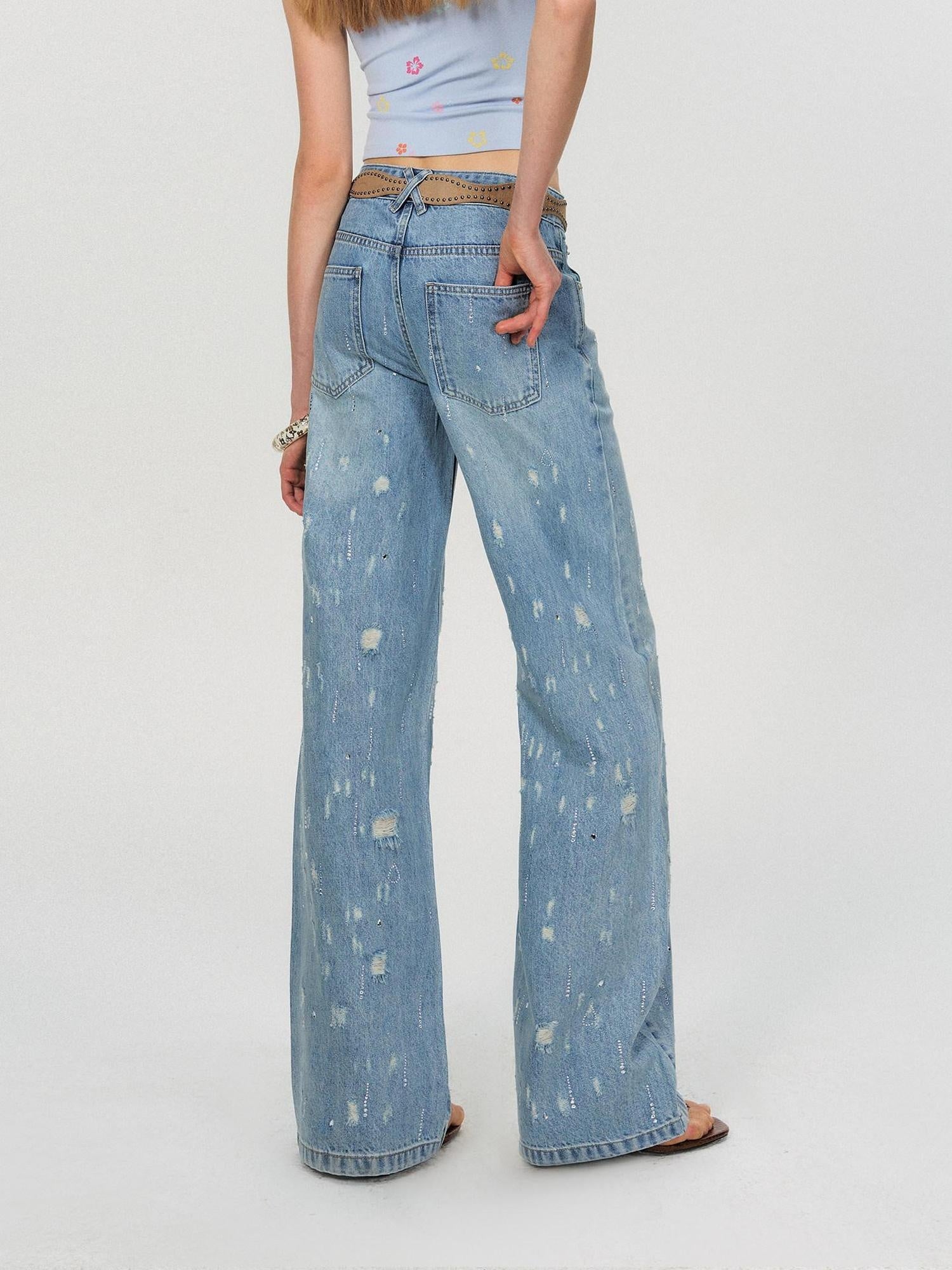 The NeverMore Crystal Trim Relaxed Natural Waist Women Washed Blue Zipper Straight Leg Jeans