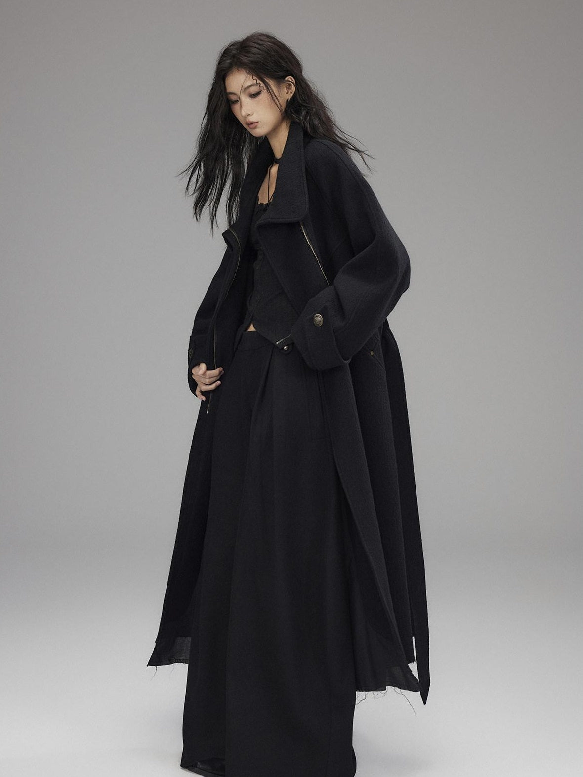 Low pixel Thick Wool Blend Oversized Streetwear European Long Zip Lapel Black Wool Coats