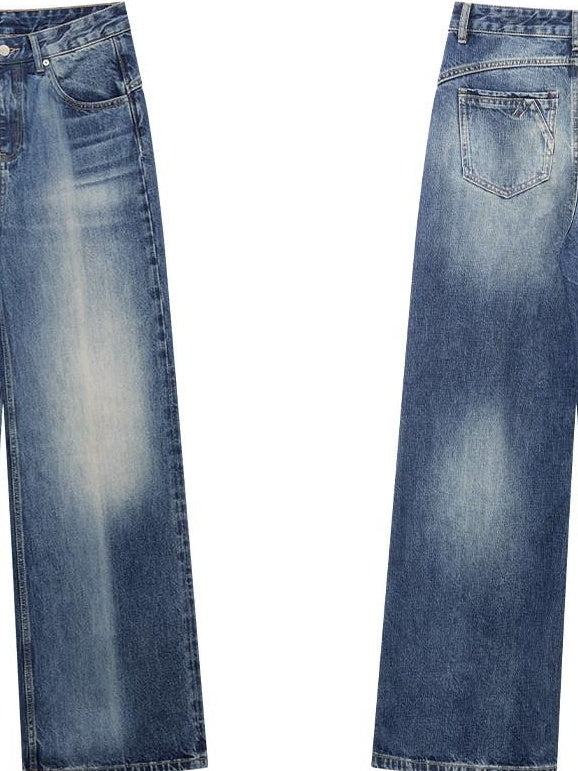 RUN TO THE FUTURE Washed Ice Blue Casual Natural Waist Womens Non Stretch Denim Straight Jeans