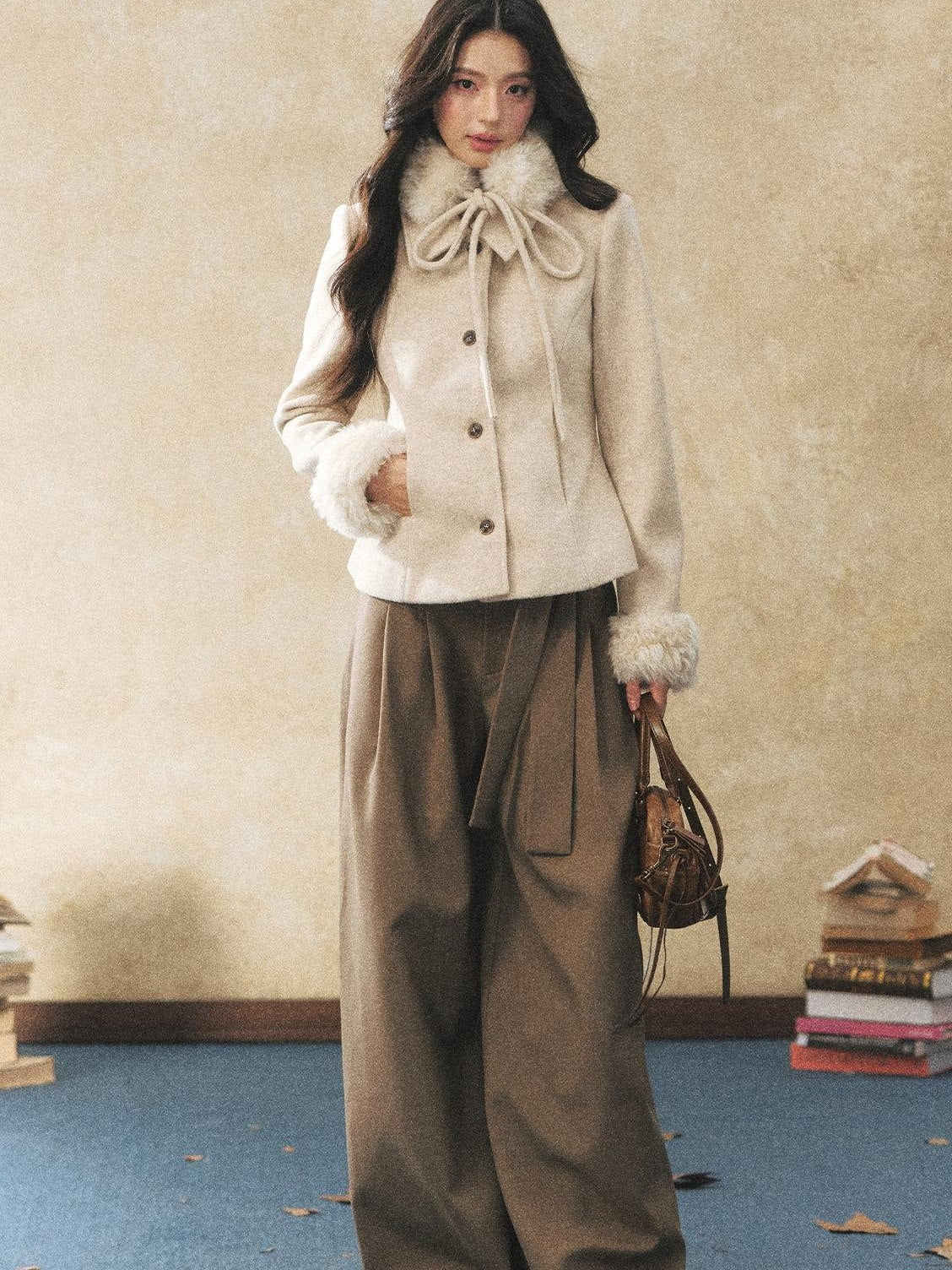 7Shiftin Pleated Wool Blend Natural Waist Casual Straight Hem Khaki Women Wide Leg Pants