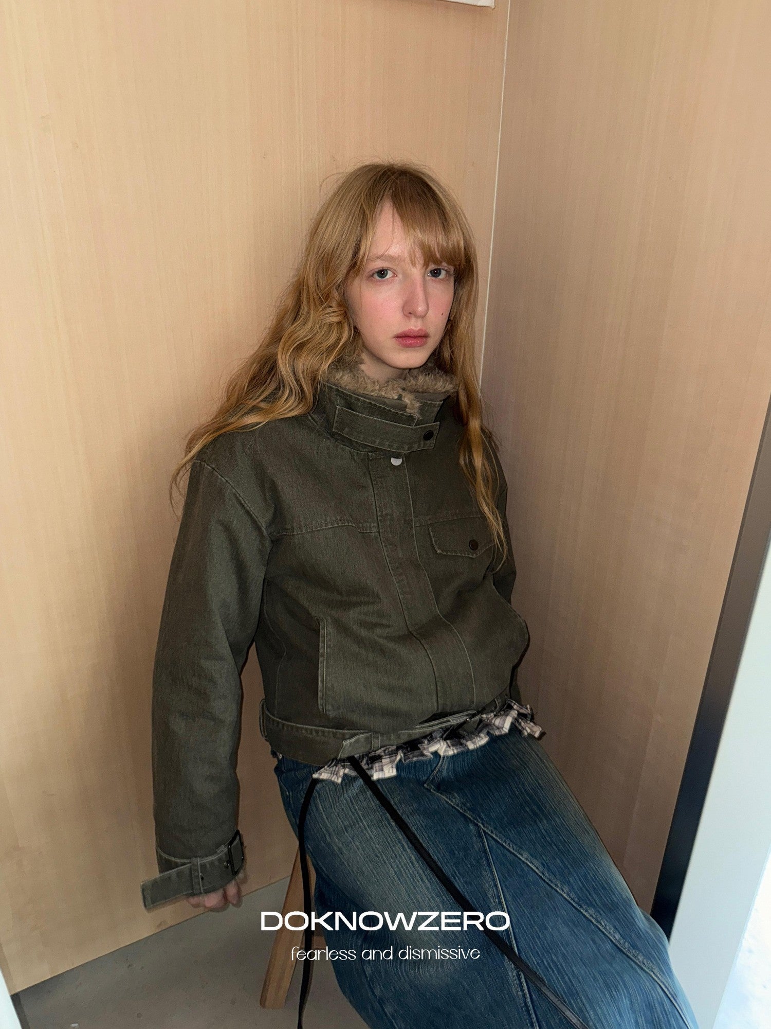 DKZ OFFICIAL Olive Green Fur Collar Washed Vintage Women&