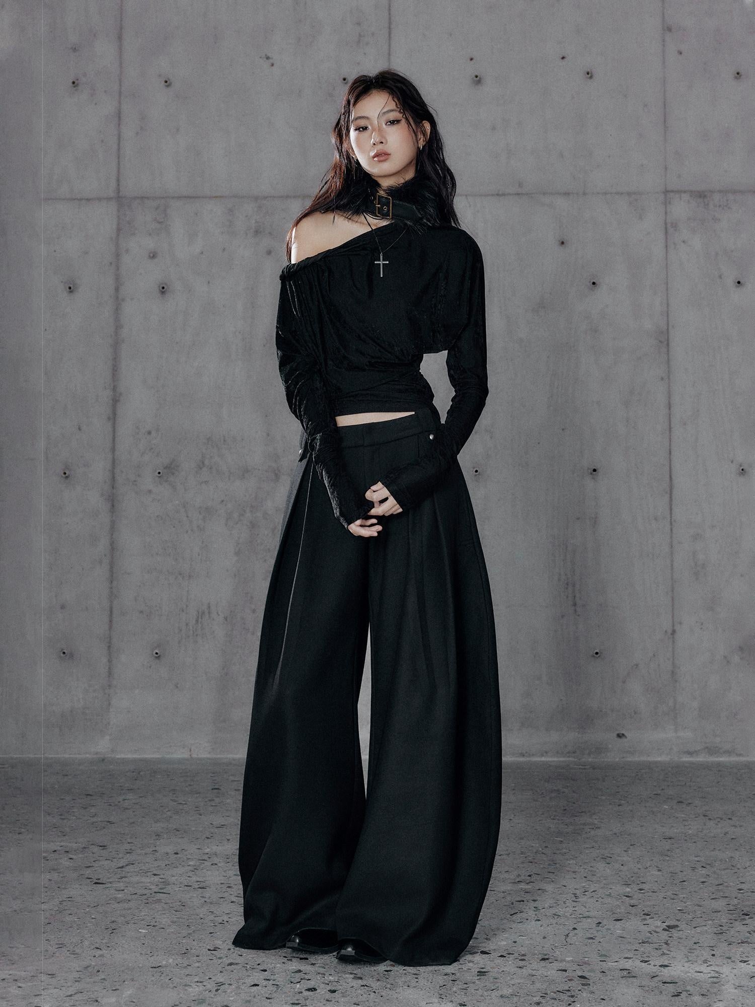 Low pixel Vintage Waist Long Sleeve Slant Neck Black Knit Women Off Shoulder Crop Tops