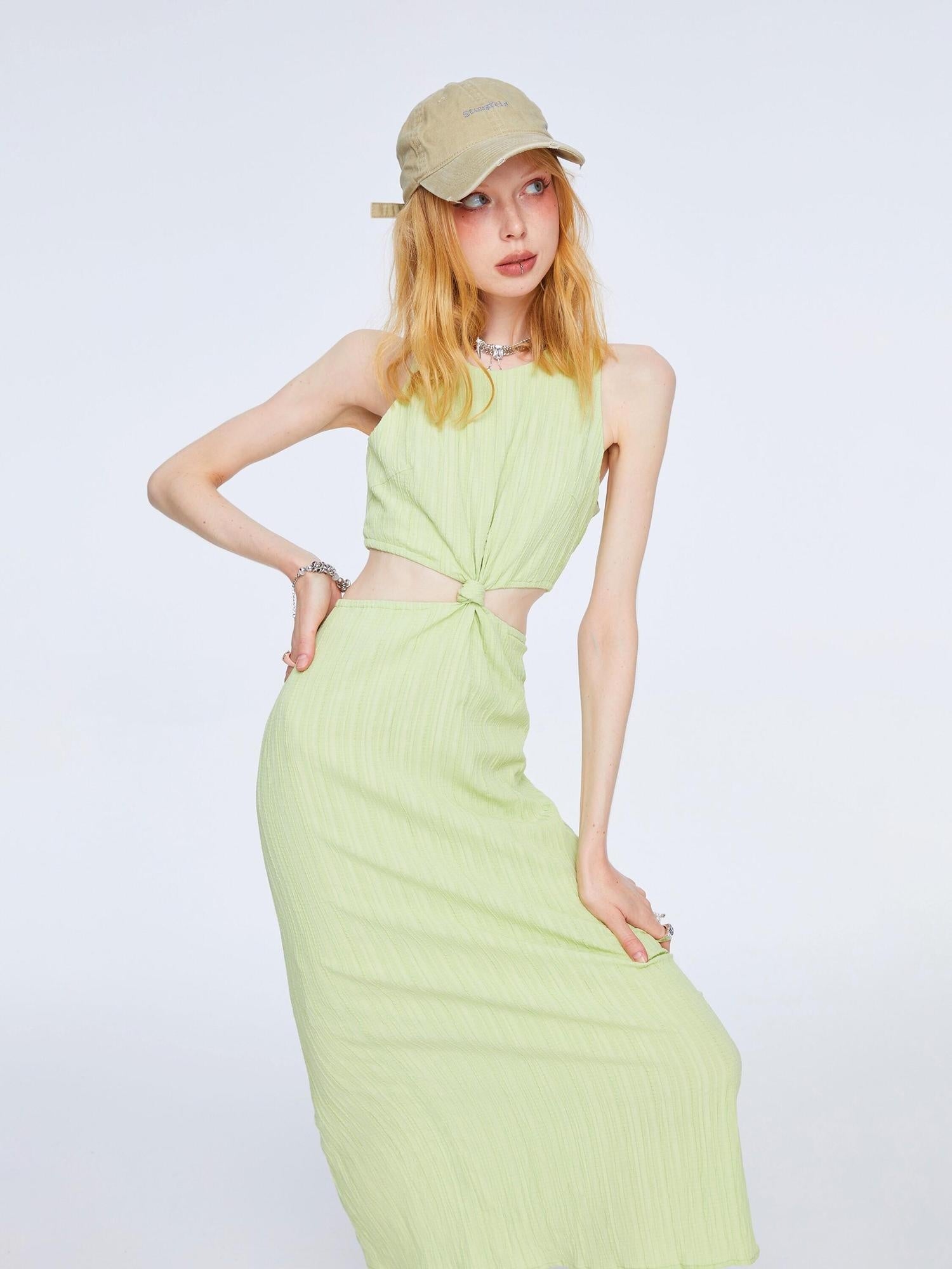 The NeverMore High Waist Pleated Street A Line Sleeveless Women Green Maxi Dresses