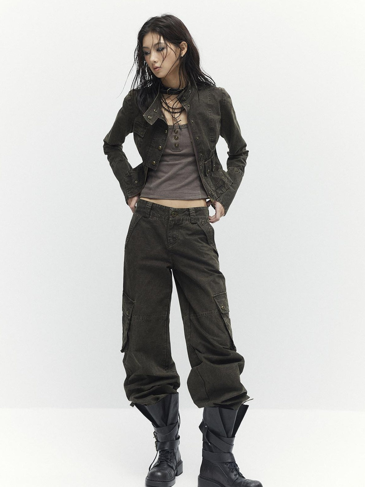Low pixel High Waist 100 Percent Cotton Vintage Slim Fit Women Coffee Brown Straight Pants