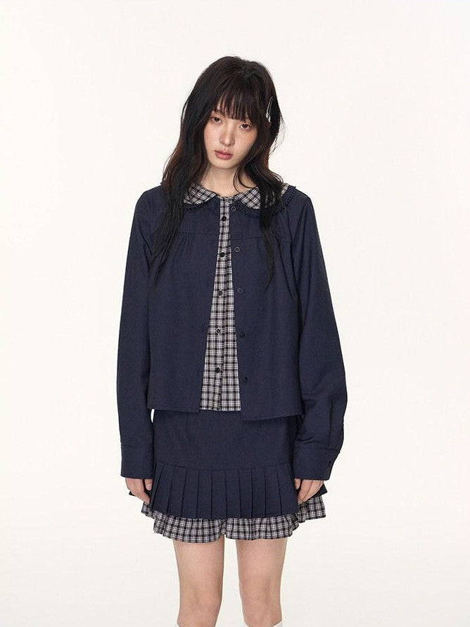 NAPSNAPS Navy Plaid Patchwork Doll Collar Faux Two Piece Women&