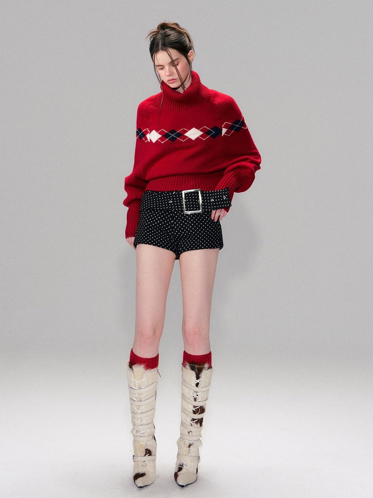 The NeverMore Warm Wool Pullover Vintage Jacquard Cape Batwing Women High Neck Red Sweaters