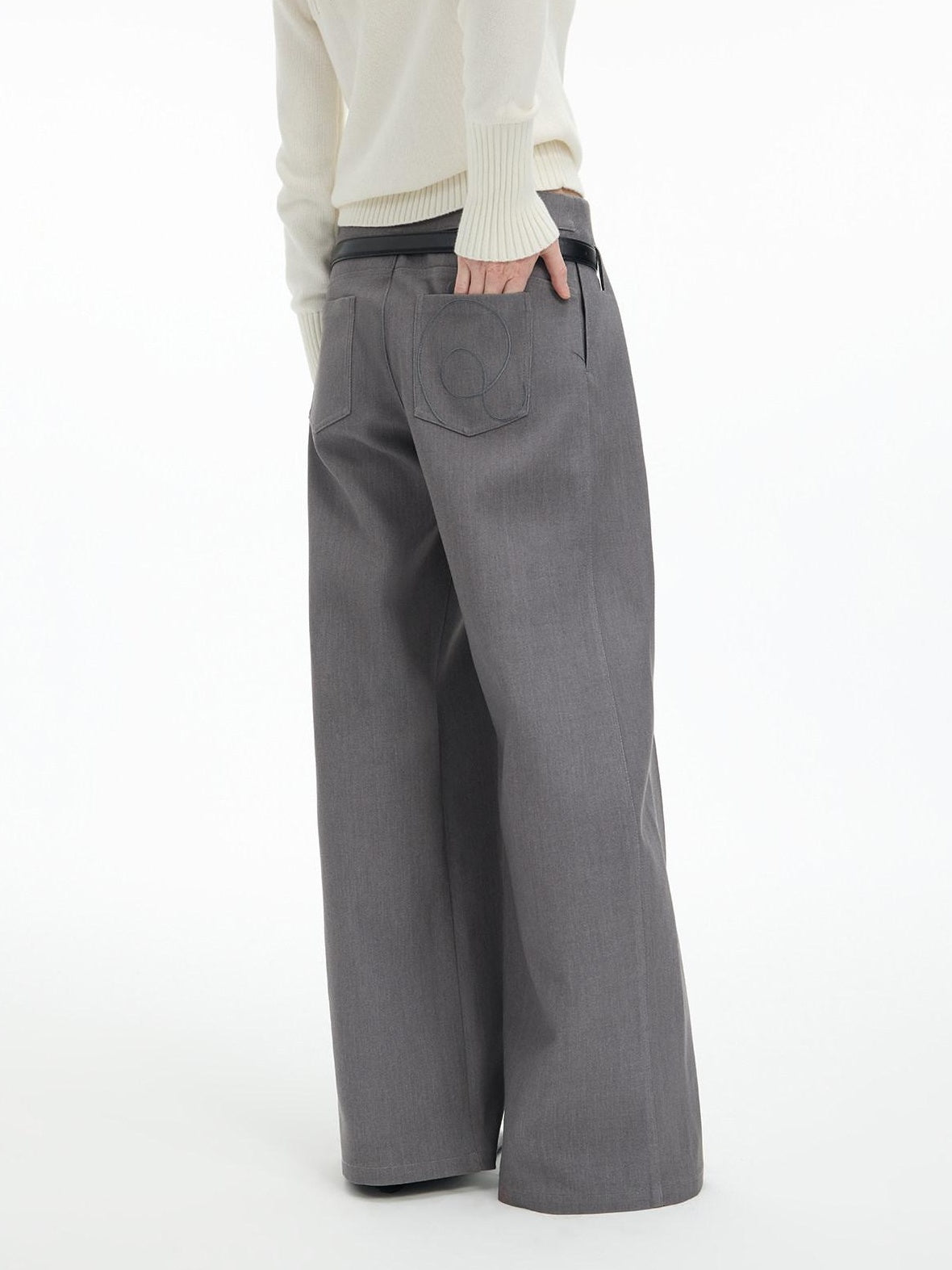 RUN TO THE FUTURE Low Rise Jacquard Minimal Casual Women Light Heather Gray Wide-Leg Pants