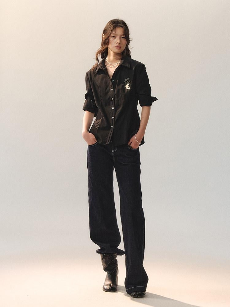 AnnoMundi Embroidered Lyocell Lace Slim Fit Double Collar Long Sleeve Women Black Blouses