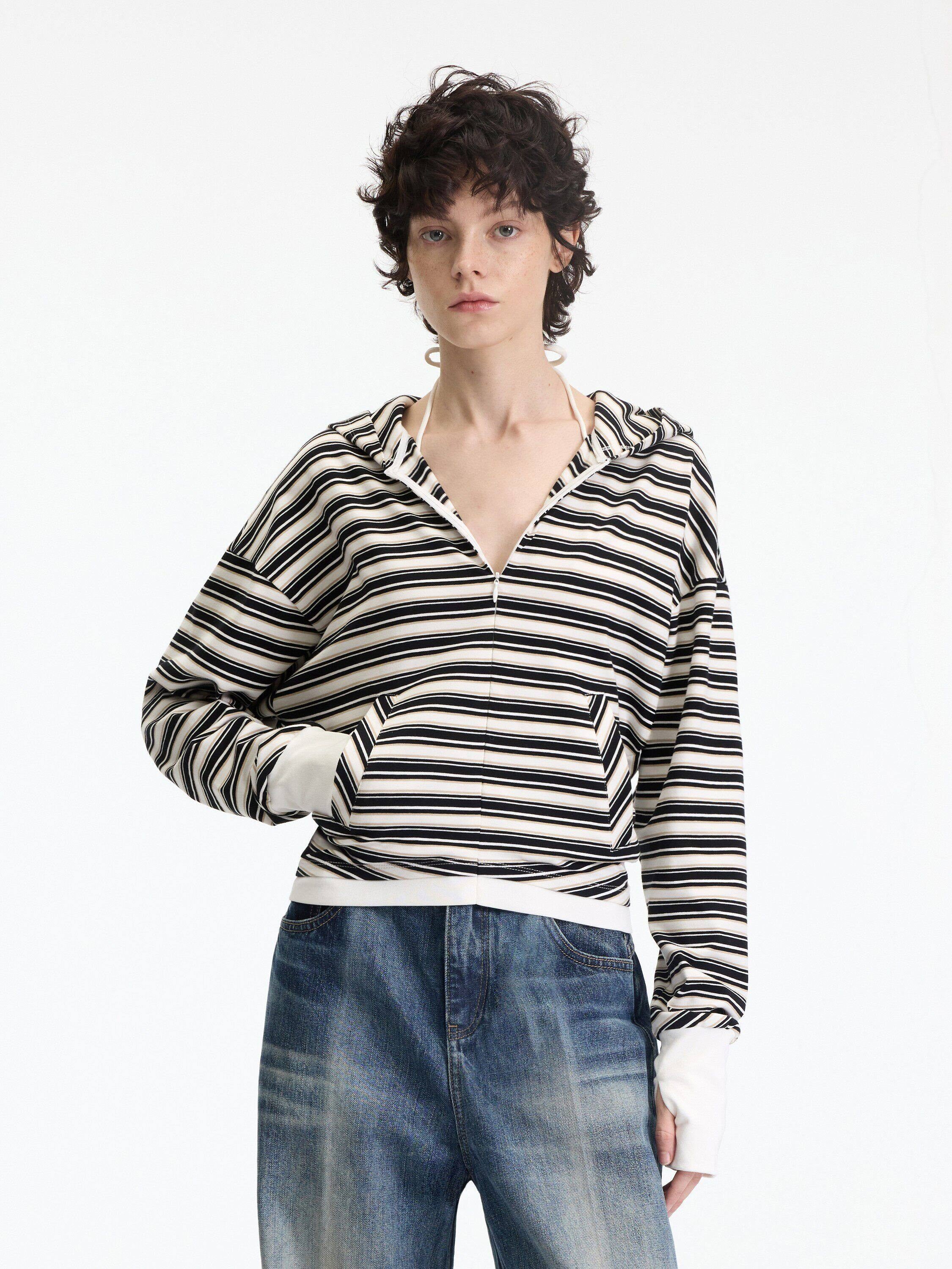 RUN TO THE FUTURE Soft Stretch Cotton Hooded Zip Striped Casual Women Knit Cardigans