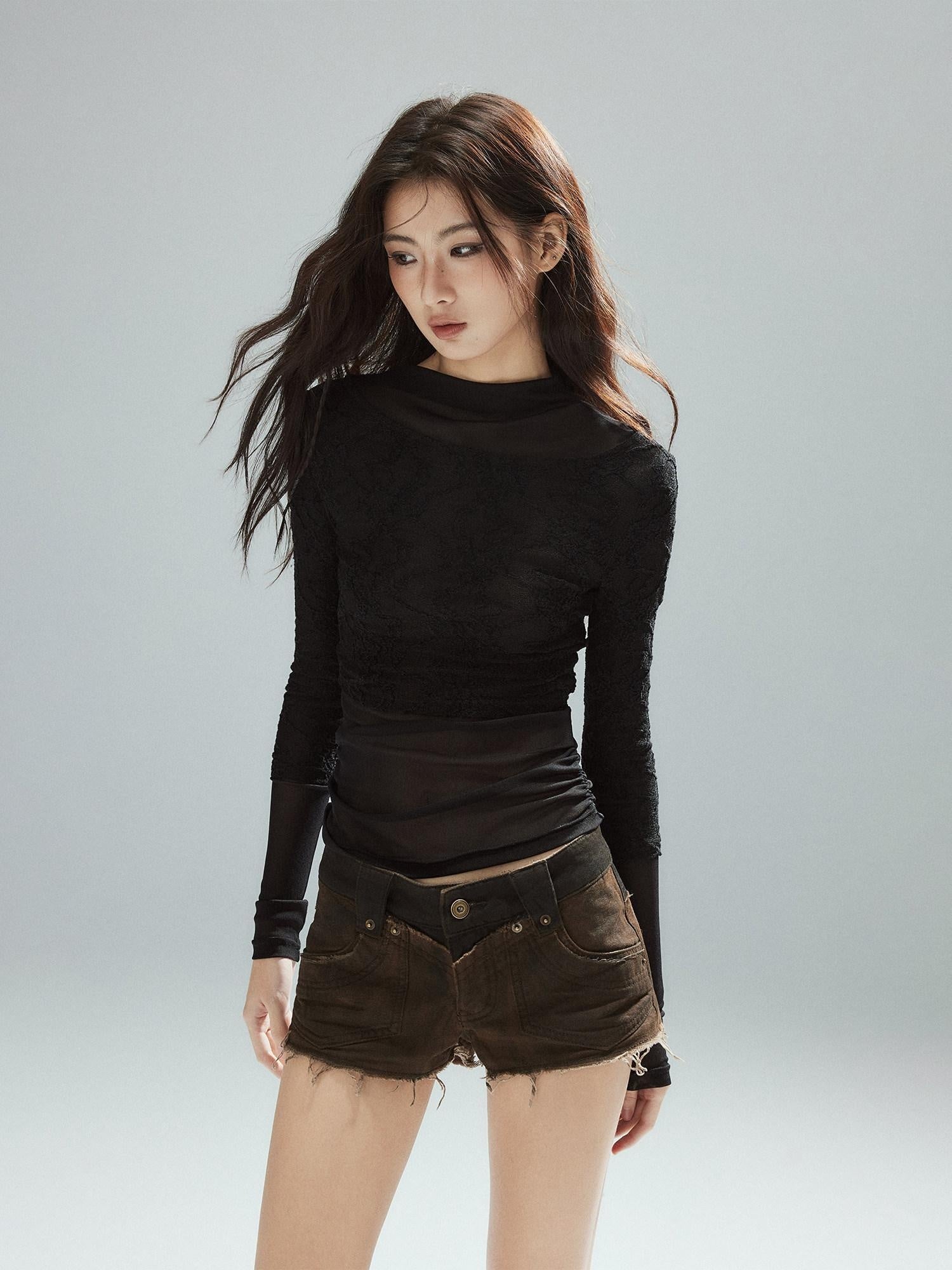 Low pixel Thin Street Slim Fit Faux Two Piece Crew Neck Women Nylon Long Sleeve T-Shirts