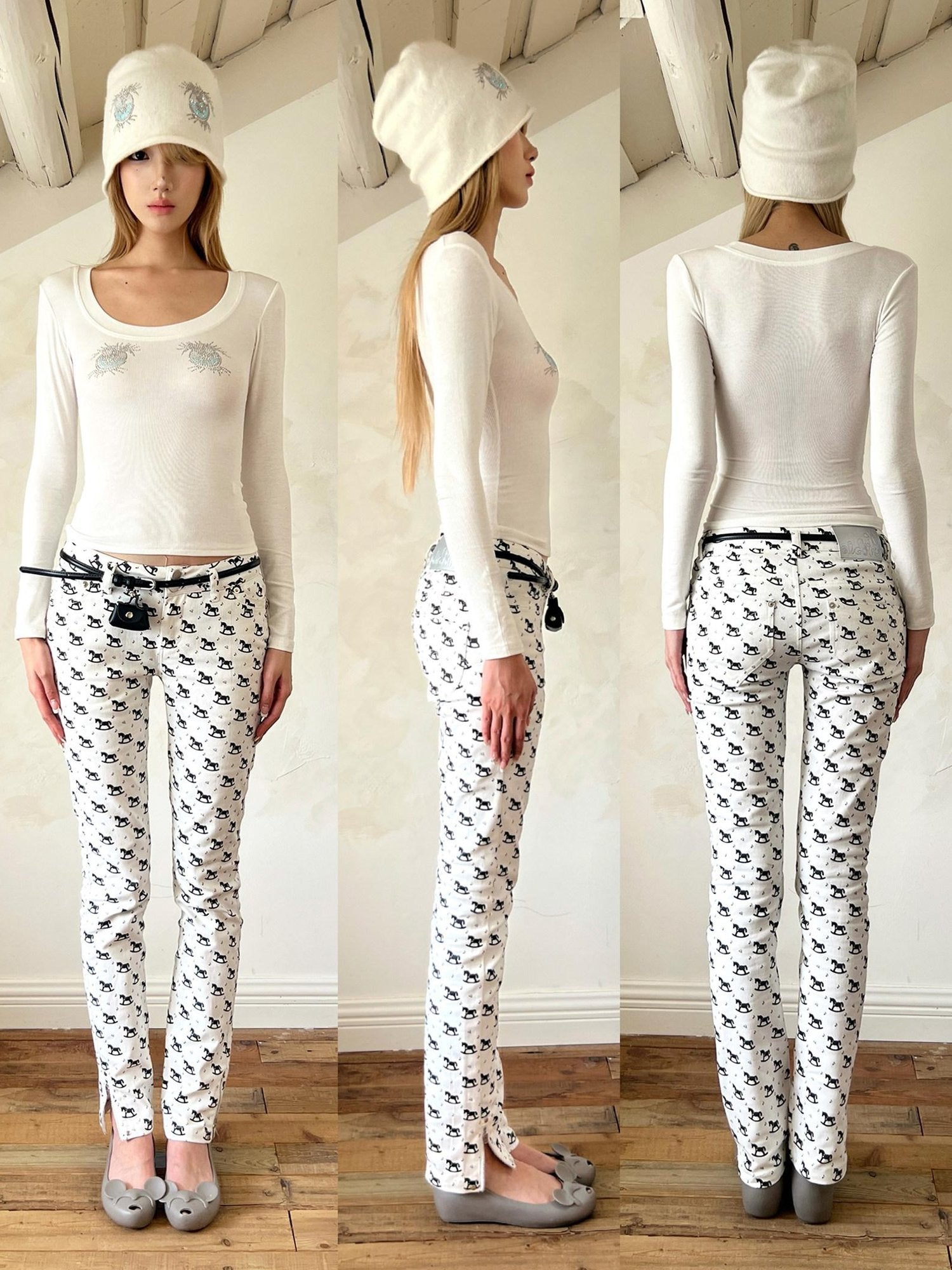 nit alcove High Stretch Printed Cotton Low Waist Slim Button Fly Straight Pants