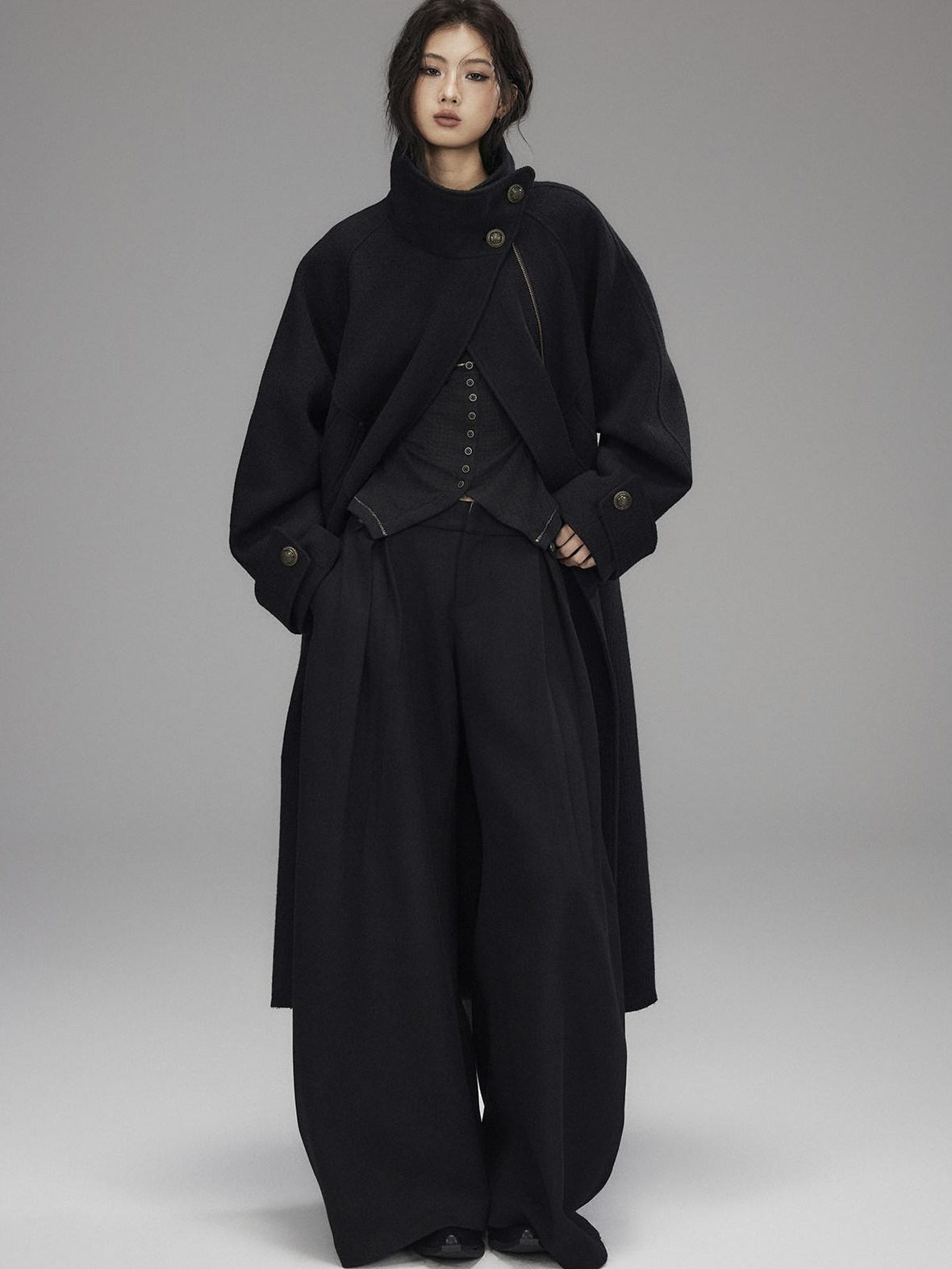 Low pixel Thick Wool Blend Oversized Streetwear European Long Zip Lapel Black Wool Coats