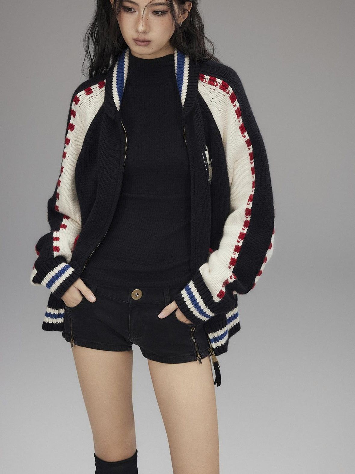 Low pixel Wool Blend Hooded Zip Colorblock Loose Casual Women Animal Print Cropped Jackets