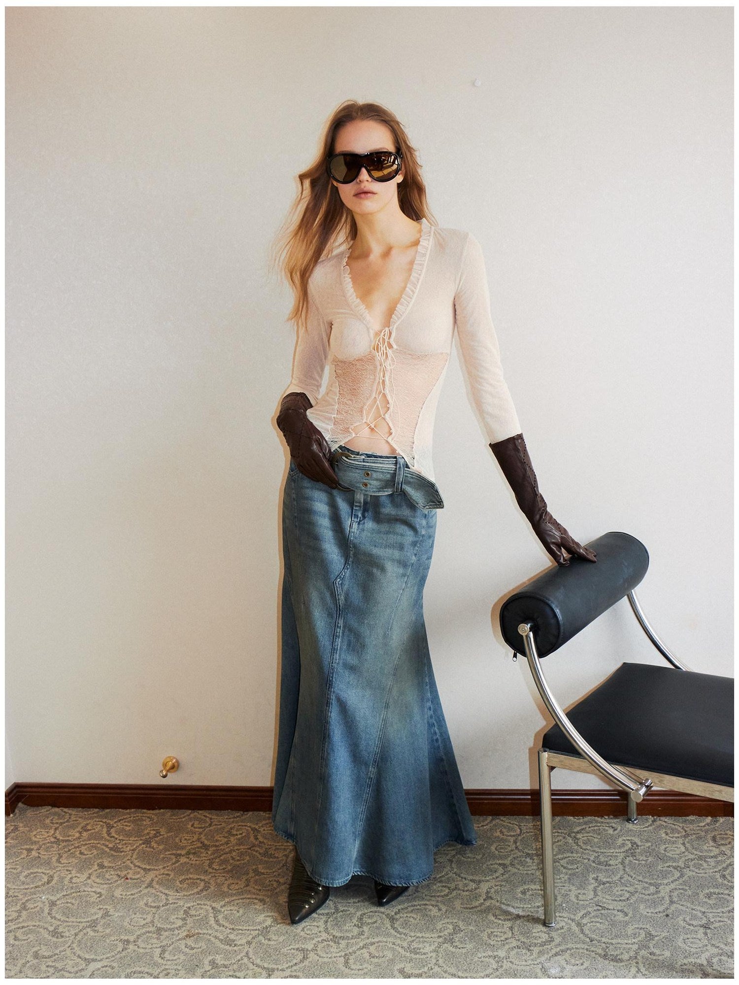 2th Desire Sheer Mesh Spliced Punk Slim Fit Women Long Sleeve Tie Front Blouses