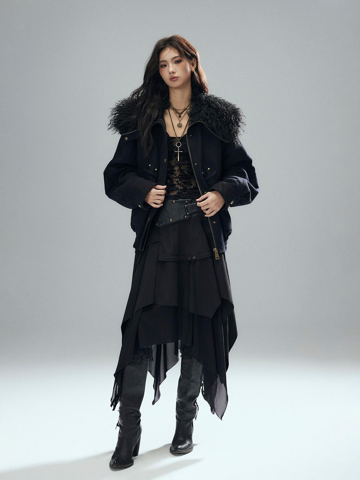 Low pixel Sexy Low Waist Asymmetrical A Line Zipper Black Woven Polyester Midi Skirts