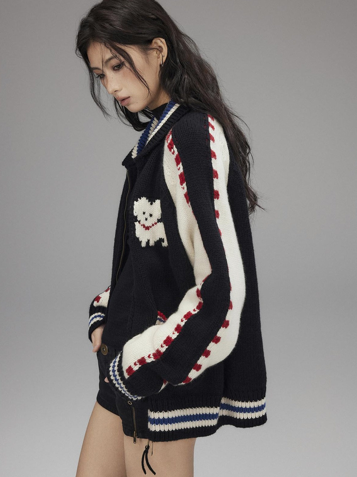 Low pixel Wool Blend Hooded Zip Colorblock Loose Casual Women Animal Print Cropped Jackets