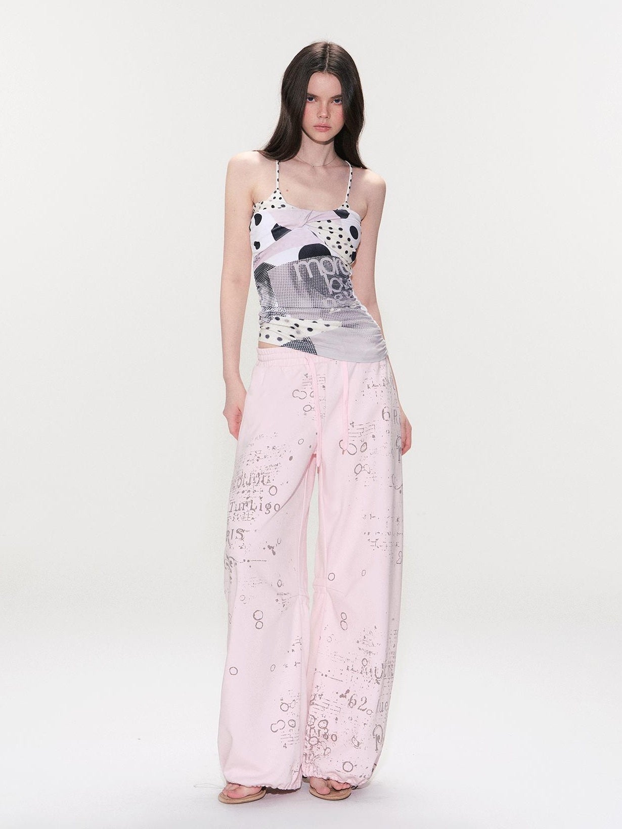 The NeverMore Soft Cotton Letter Print Natural Waist American Style Women Wide Leg Pants
